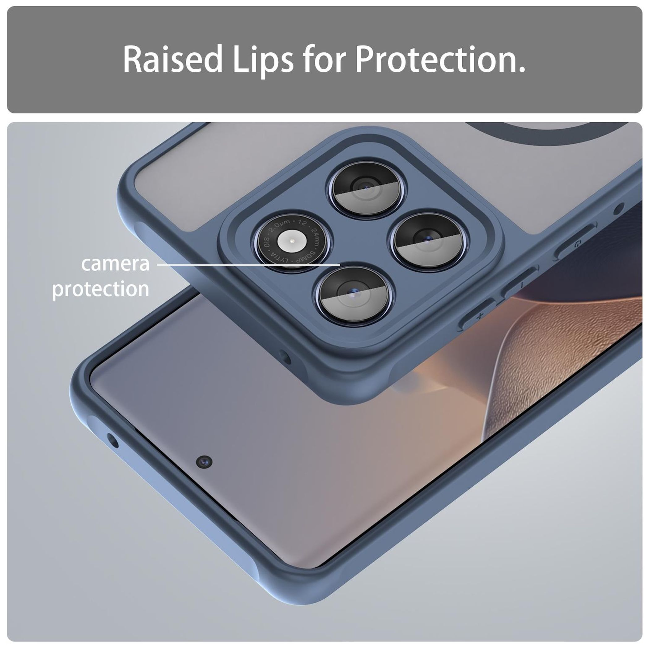 Blaue Smartphone-Hülle mit erhöhtem Rand zum Schutz der Kamera.