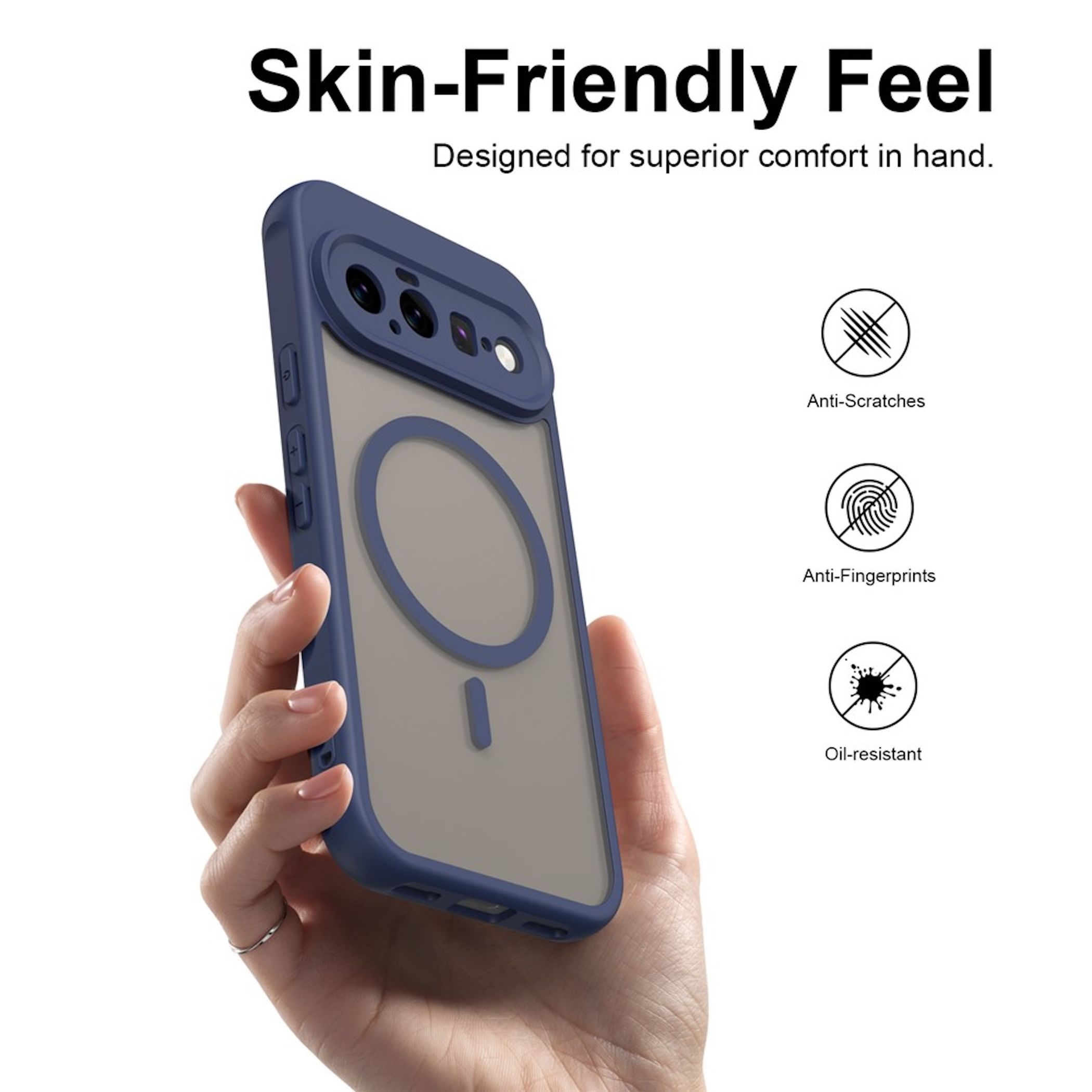 Hand hält blaue Smartphone-Hülle mit MagSafe-Ring und Icons für kratzfest, fingerabdruckfrei und ölabweisend.