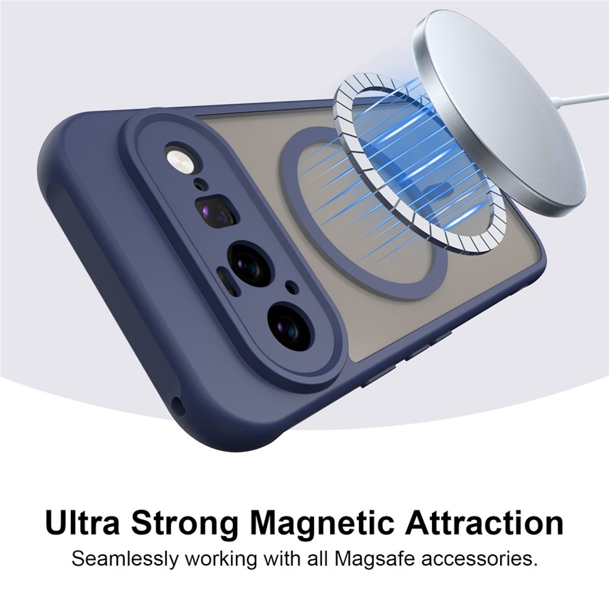 MagSafe-Ladegerät verbindet sich magnetisch mit blauer Handyhülle.