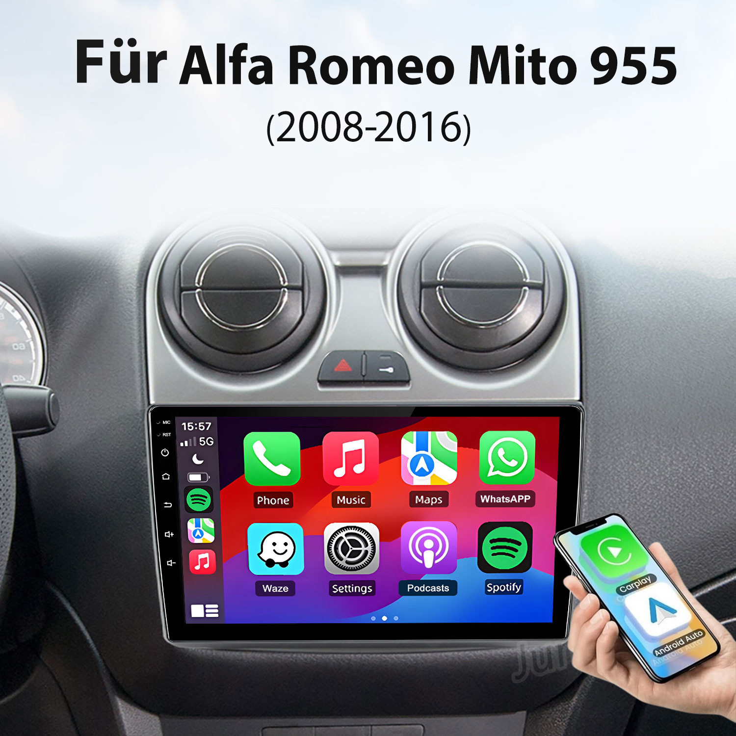 Ein Autoradio in einem Alfa Romeo Mito Armaturenbrett zeigt App-Symbole auf dem Touchscreen.