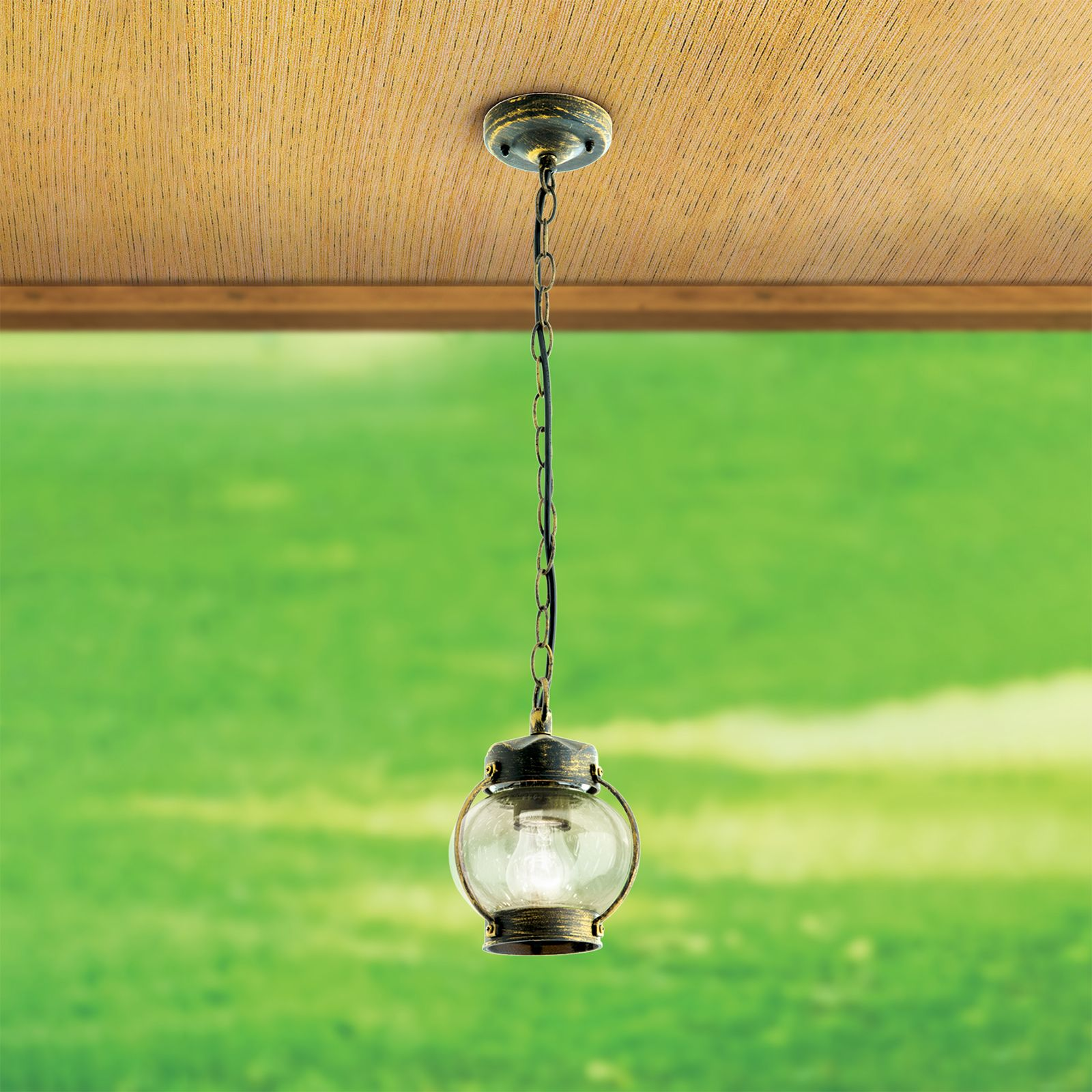 Eine hängende Deckenlampe mit Metallkette und runder Glaskugel vor einer grünen Landschaft.