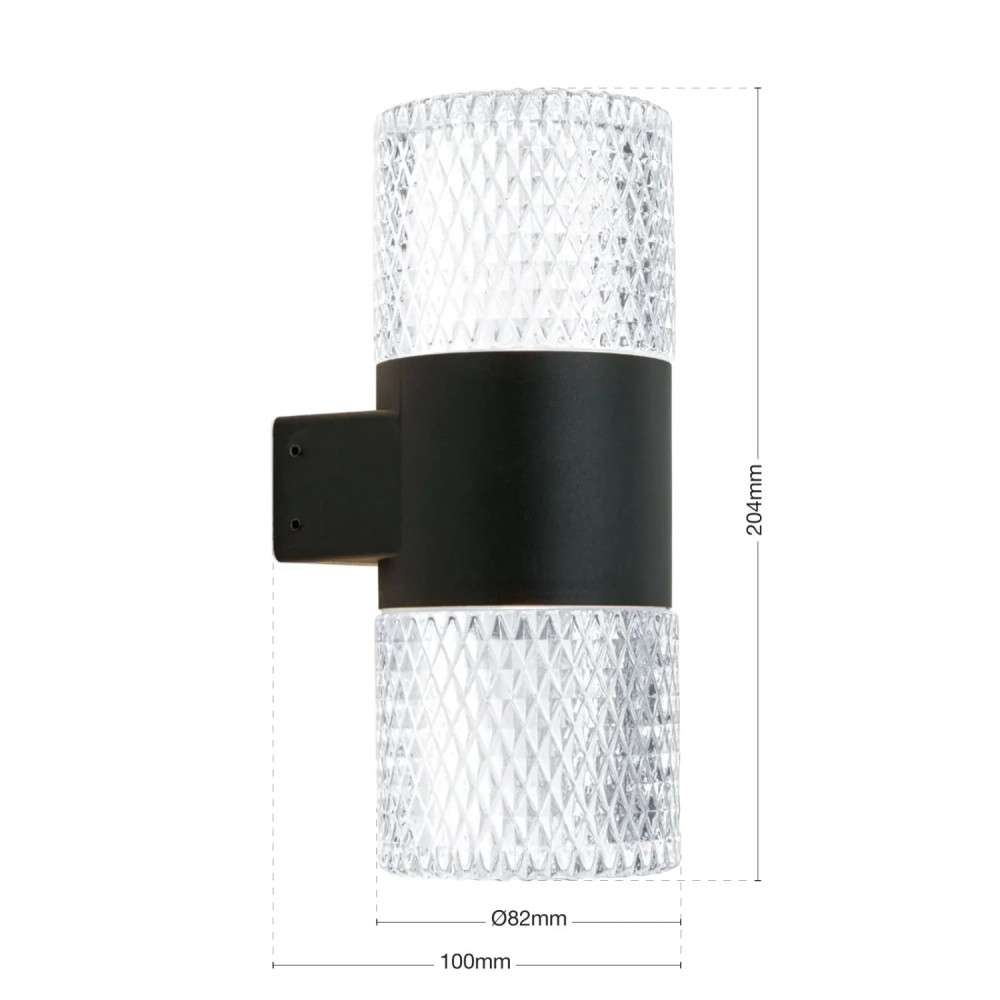 Technische Zeichnung einer modernen Wandlampe mit schwarzem Mittelteil und Kristallglas-Zylindern oben und unten.