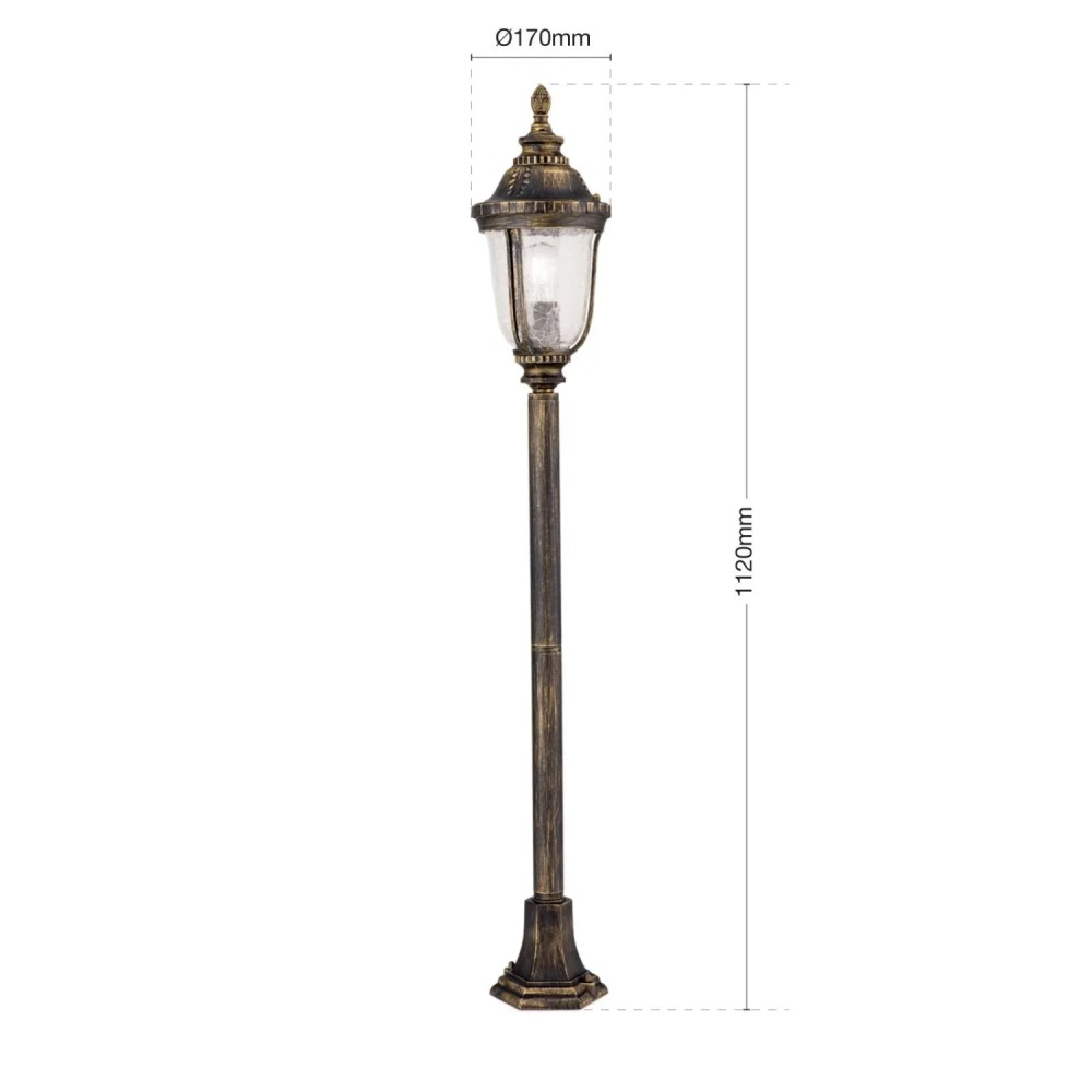 Antike Gartenlaterne mit Maßen: 170mm Durchmesser und 1120mm Höhe auf weißem Hintergrund.