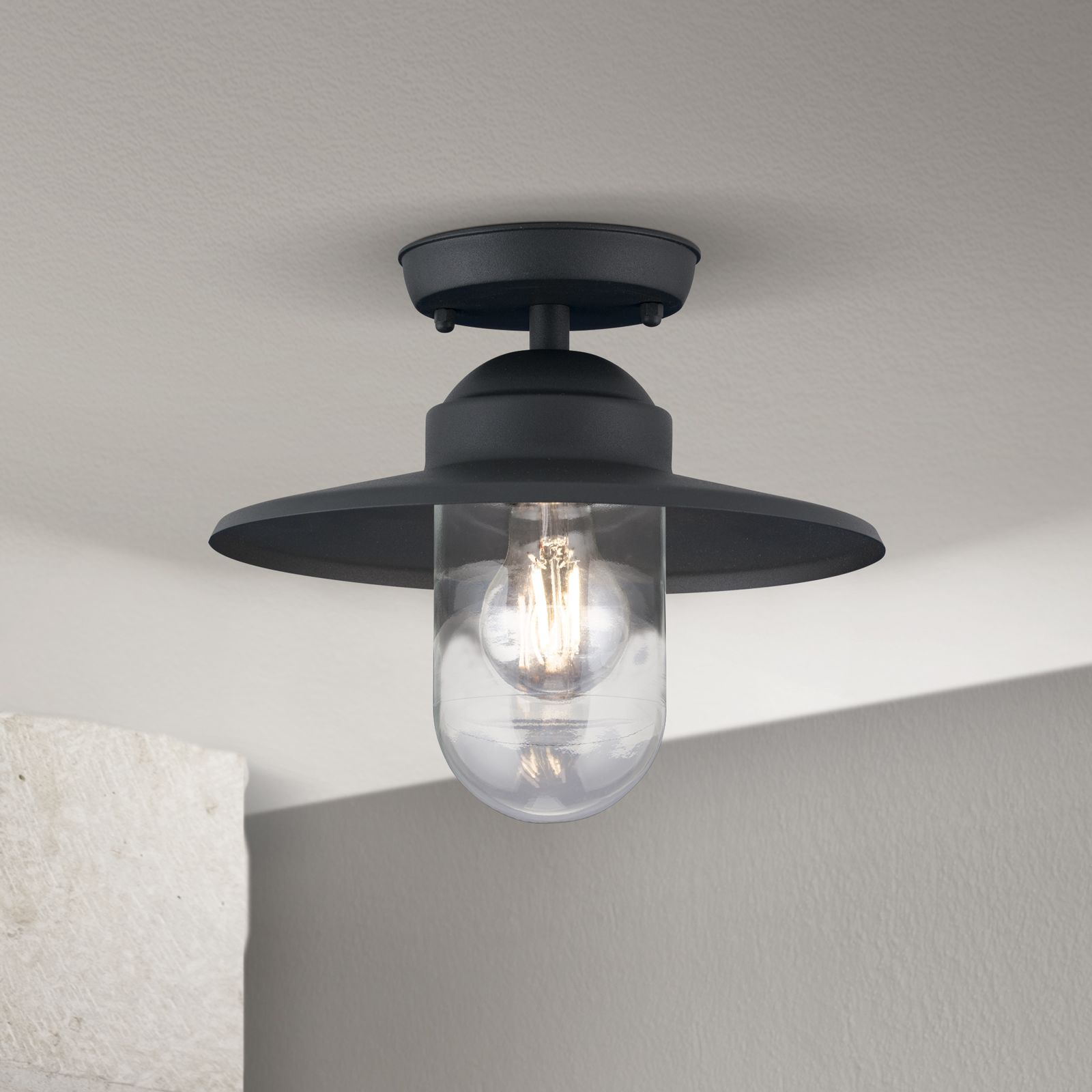 Eine schwarze Deckenlampe mit einem runden Schirm und einem zylindrischen Glasgehäuse um eine glühende Glühbirne.