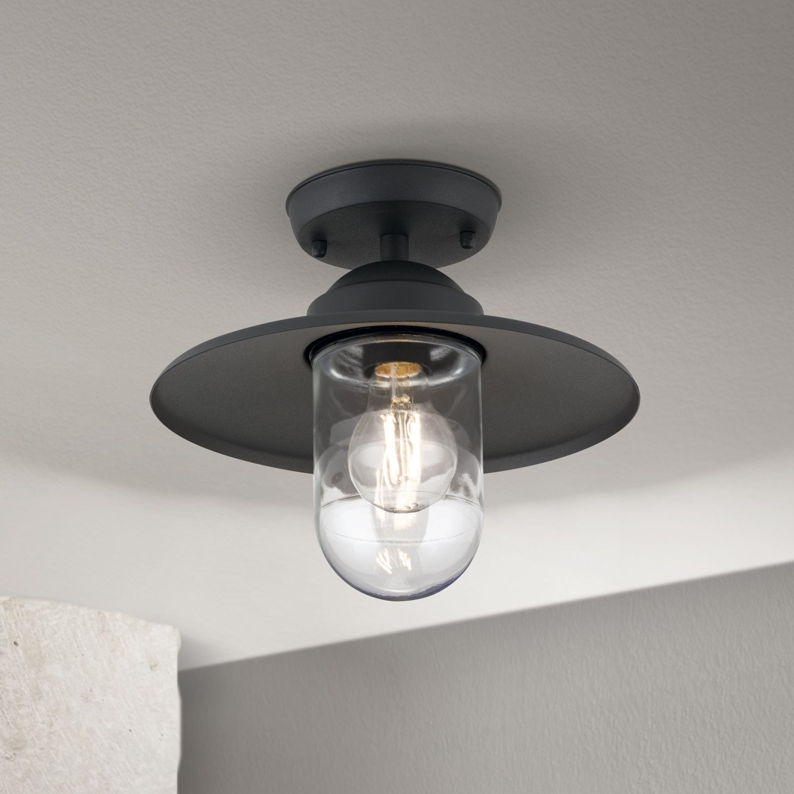 Eine schwarze Deckenleuchte mit klarem Glaszylinder und sichtbarer Glühbirne an einer hellen Decke.