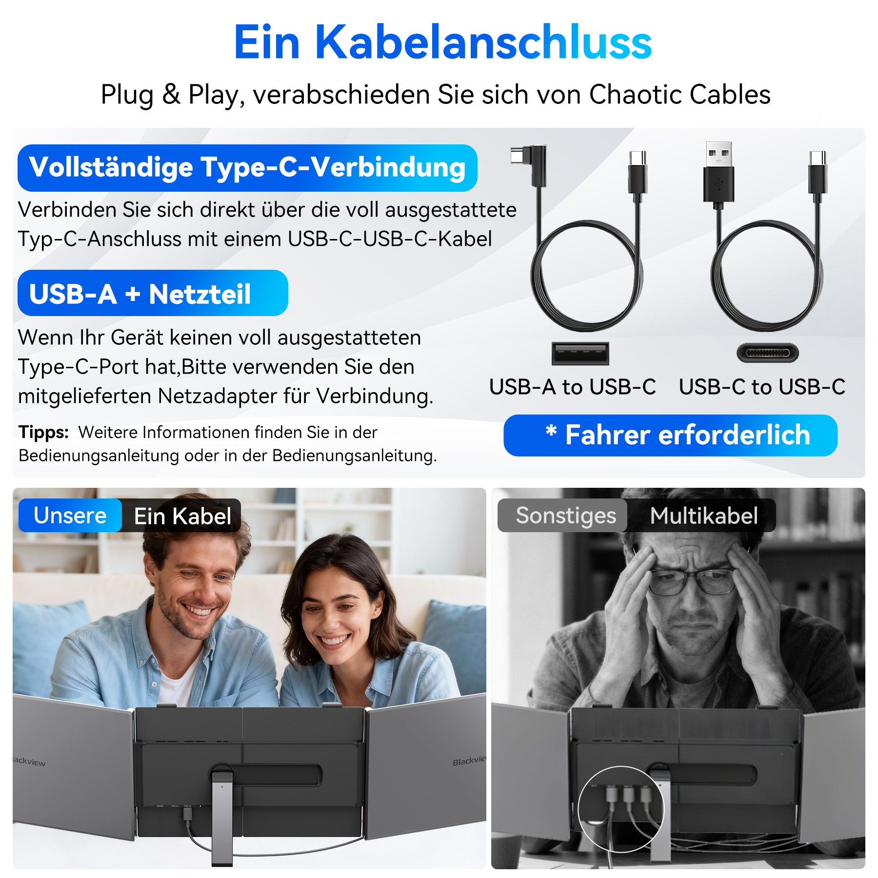 Vergleich von USB-C-Kabeln und Kabelgewirr bei Monitoren.