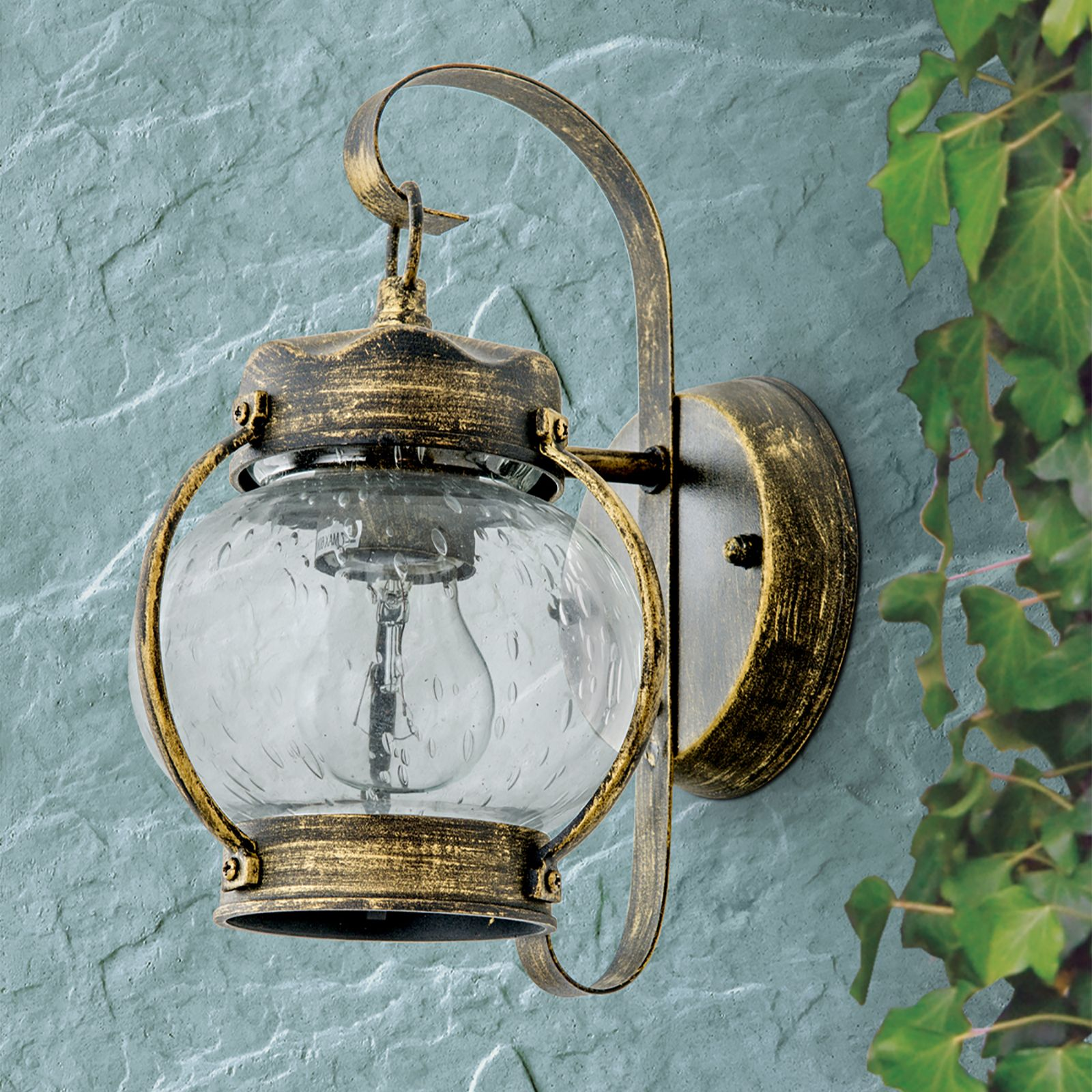 Eine antike goldene Wandlampe mit rundem Glas an einer strukturierten Wand mit Efeuranken.