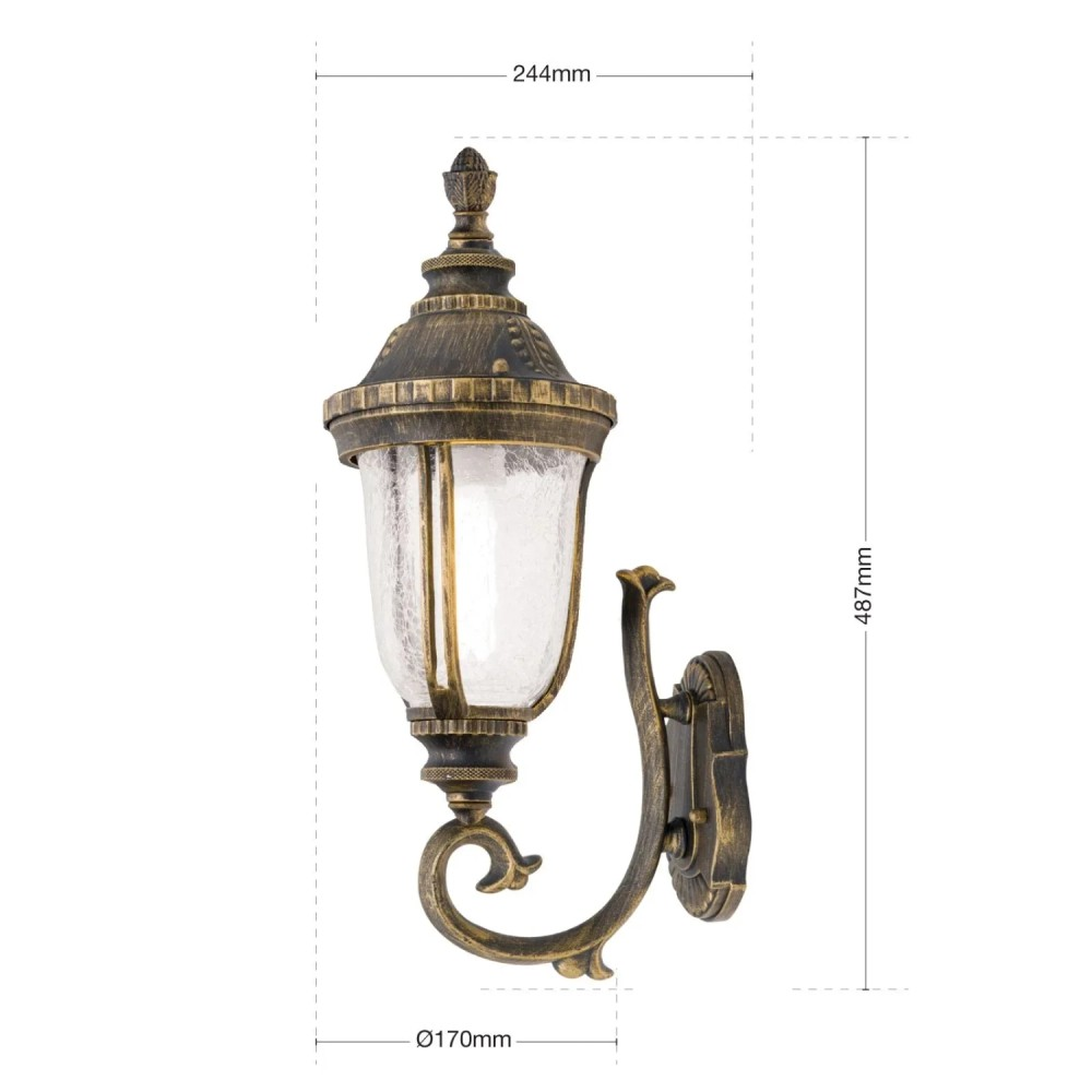 Antike Wandleuchte in Bronze mit strukturiertem Glas und Maßen.