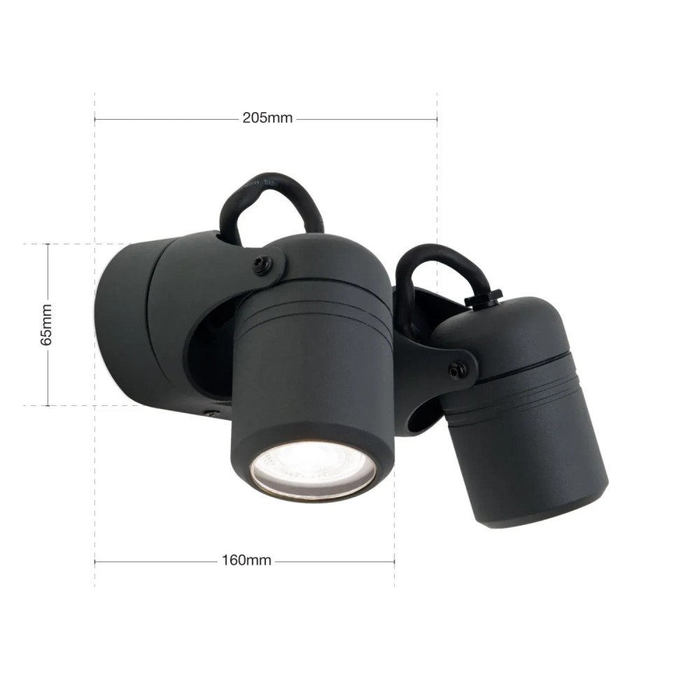 Schwarze Doppel-Wandleuchte mit verstellbaren Spots und Bemaßungslinien auf weißem Hintergrund.