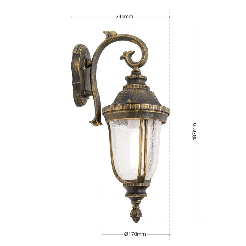 Antike bronzefarbene Wandleuchte mit gebogenem Arm und Maßen von 244x487 mm auf weißem Hintergrund.