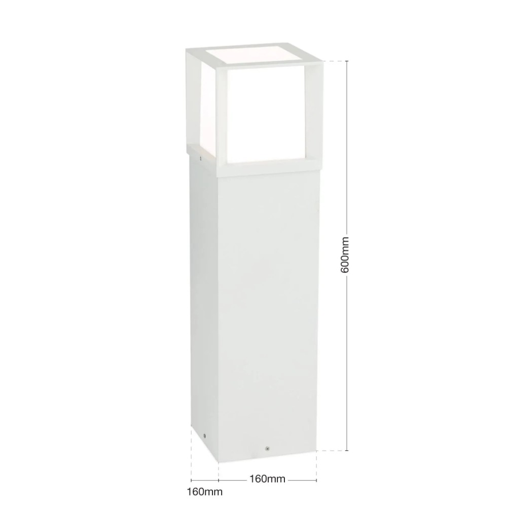 Eine weiße quadratische Wegeleuchte mit den Maßen 160x160mm und einer Höhe von 600mm.