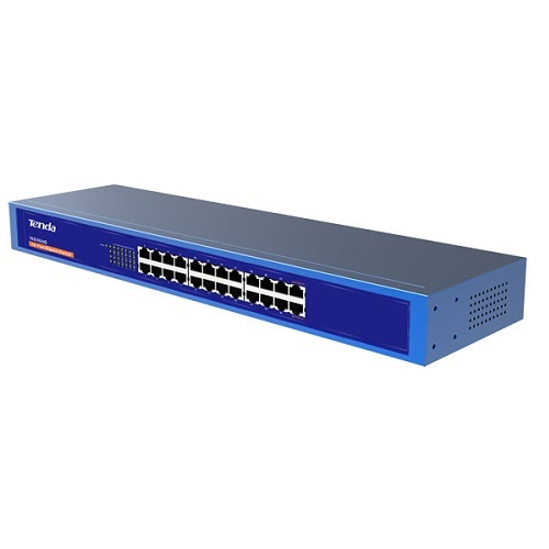 Uno switch di rete Tenda blu con porte Ethernet multiple su sfondo bianco.