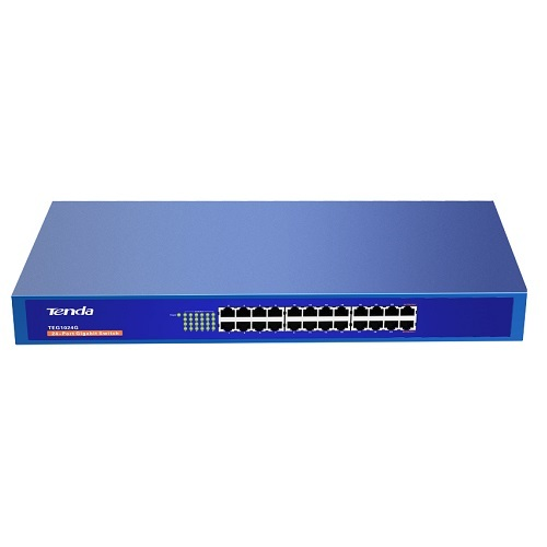 Uno switch di rete gigabit Tenda blu a 24 porte su sfondo bianco.