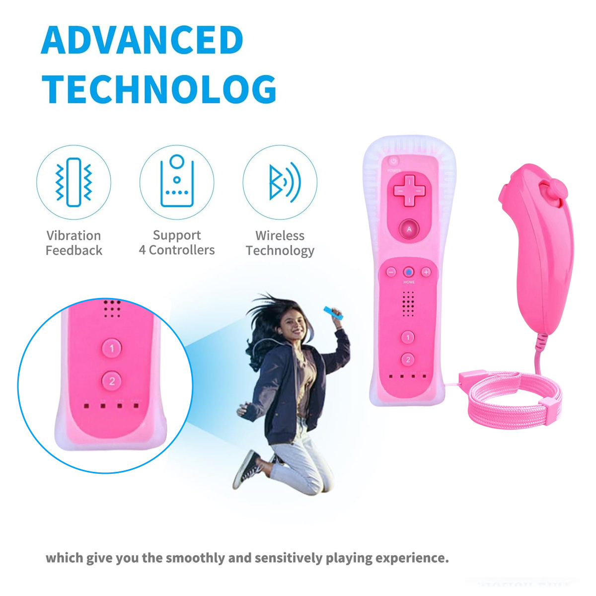 Rosa Controller mit Funktionen wie Vibration, drahtloser Technologie und Unterstützung für vier Controller.