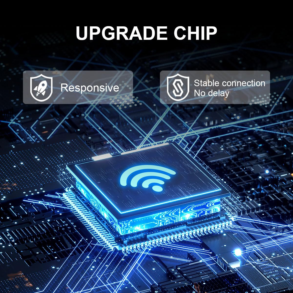Upgrade-Chip mit blauer WLAN-Leuchte auf einer Leiterplatte mit Text zu Leistung.