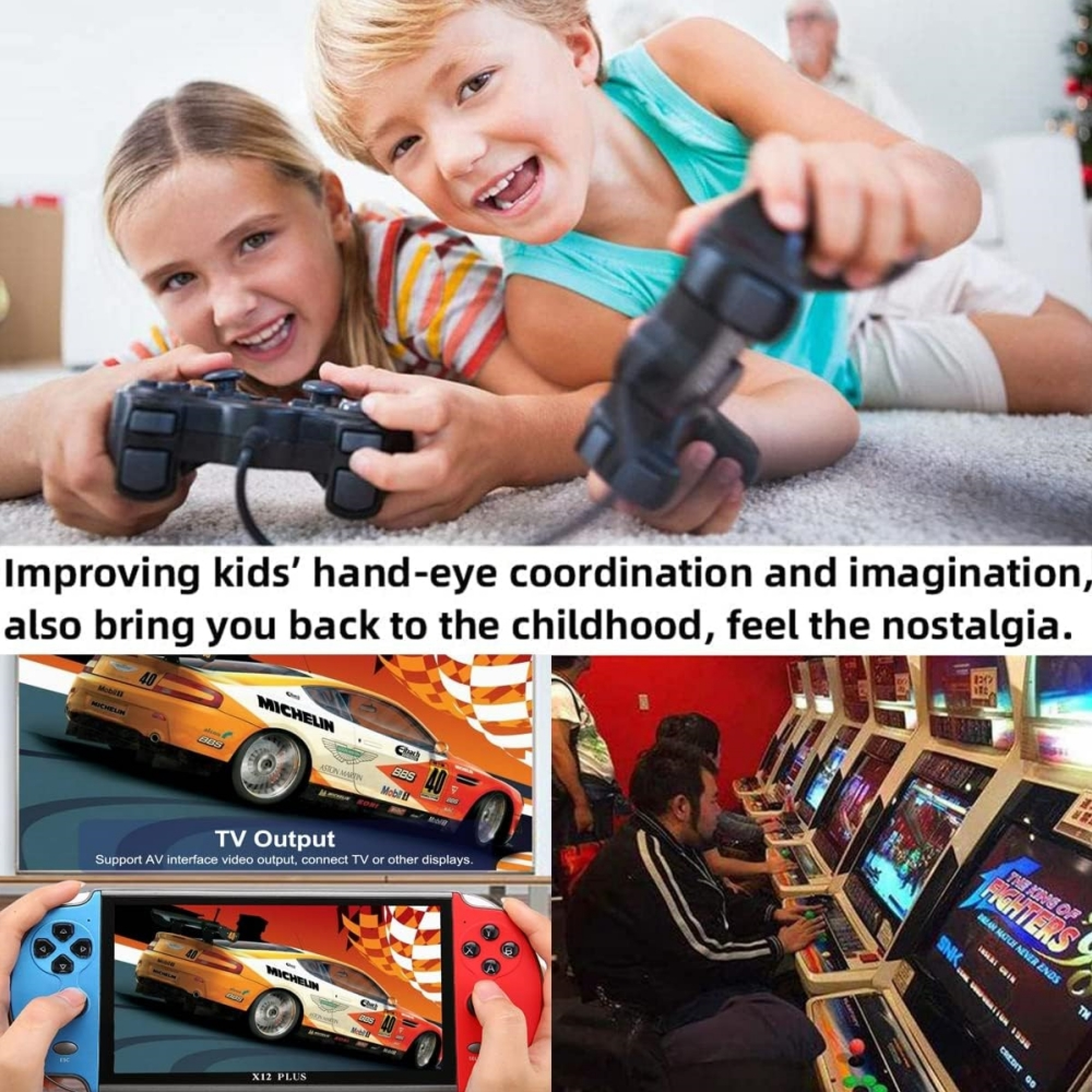 Kinder spielen mit Controllern, während ein Bild Spielkonsolen und eine Handheld-Konsole zeigt.