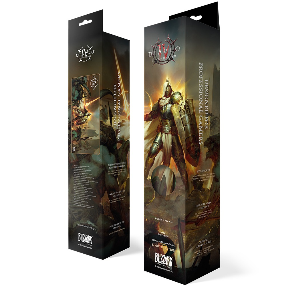 Diablo IV Gaming-Mauspad-Verpackung mit dunkler Fantasy-Grafik und Blizzard-Logo.