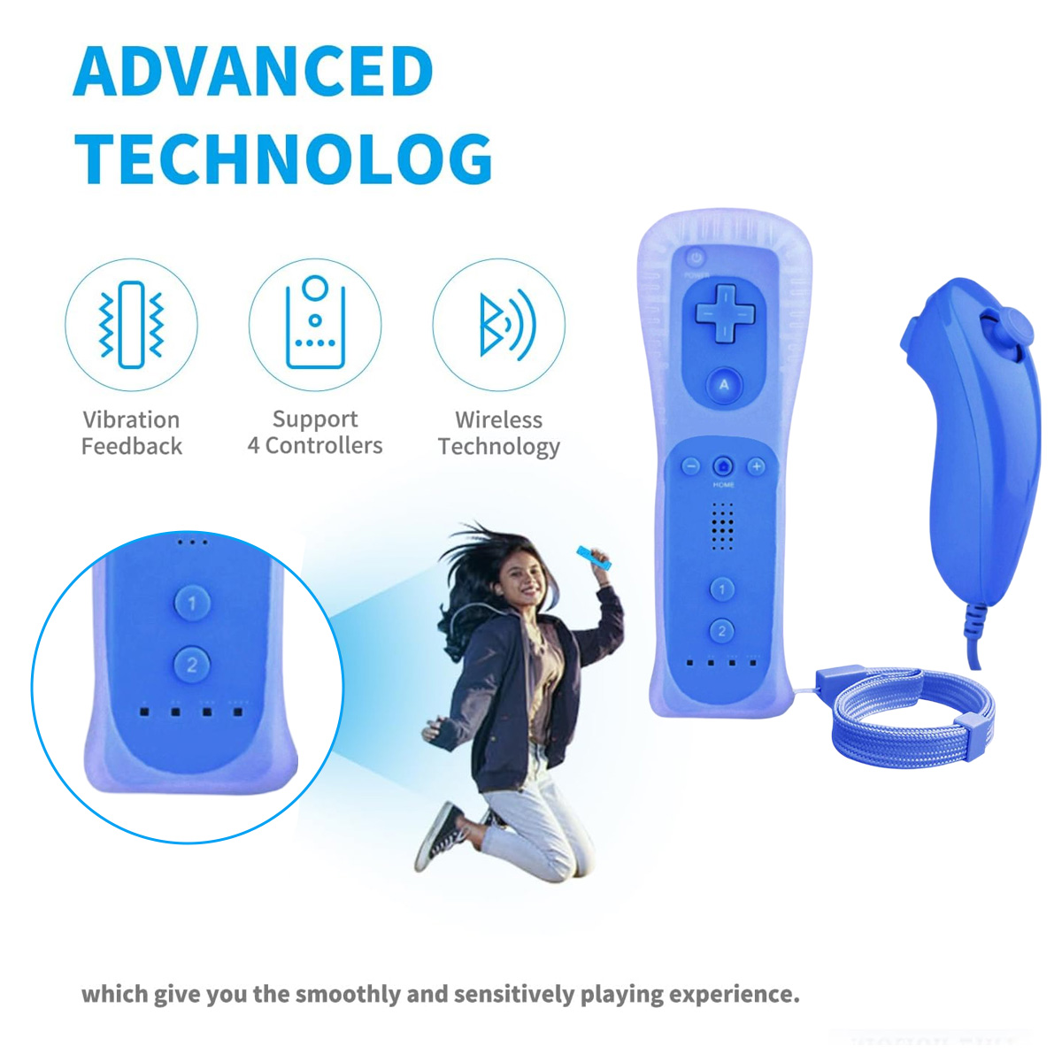 Blaue kabellose Controller mit Vibrationsfeedback zeigen ein springendes Mädchen und Symbole für Technologiedetails.