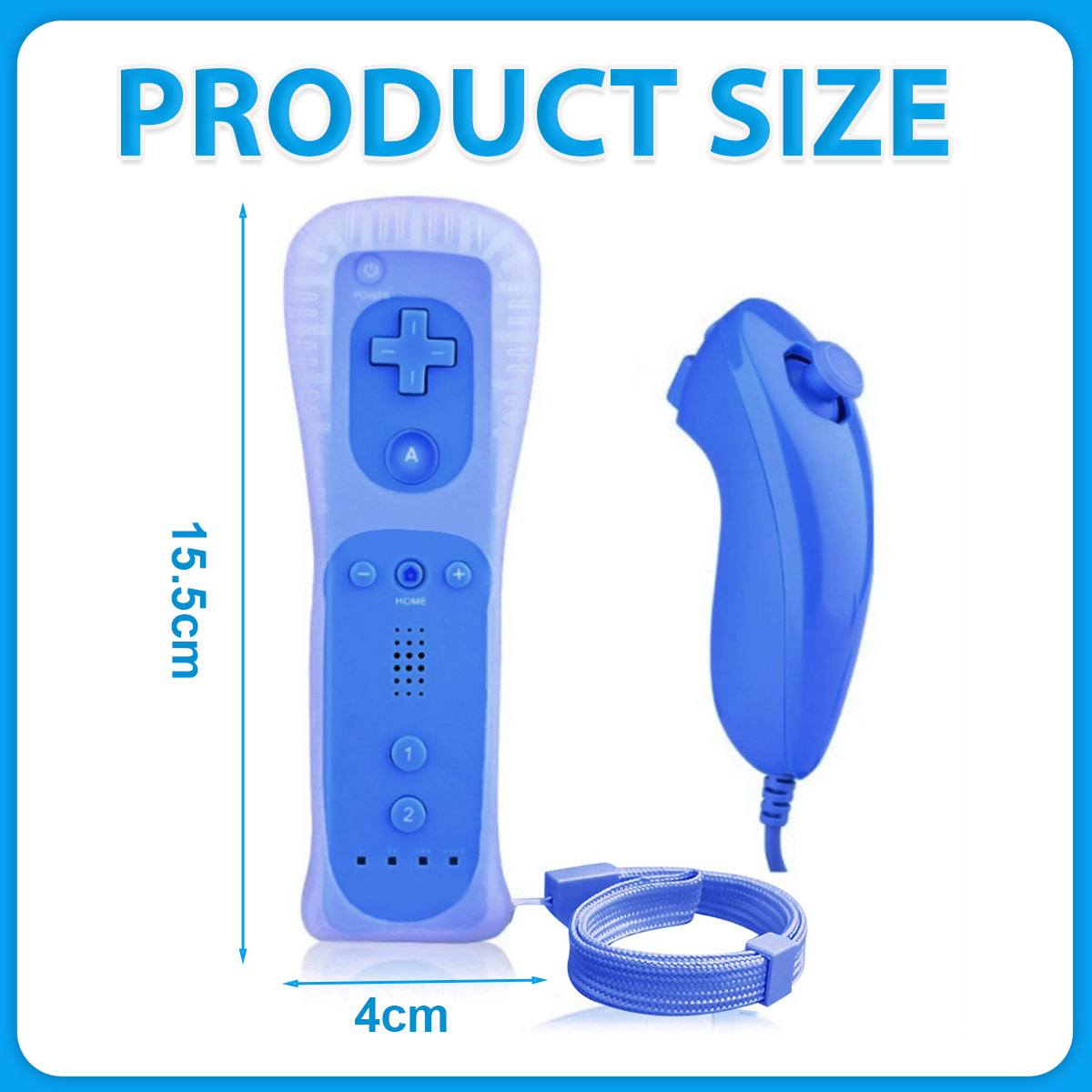 Blaue Wii-Fernbedienung mit Schutzhülle, Nunchuk und Maßangaben von 15,5 cm mal 4 cm.