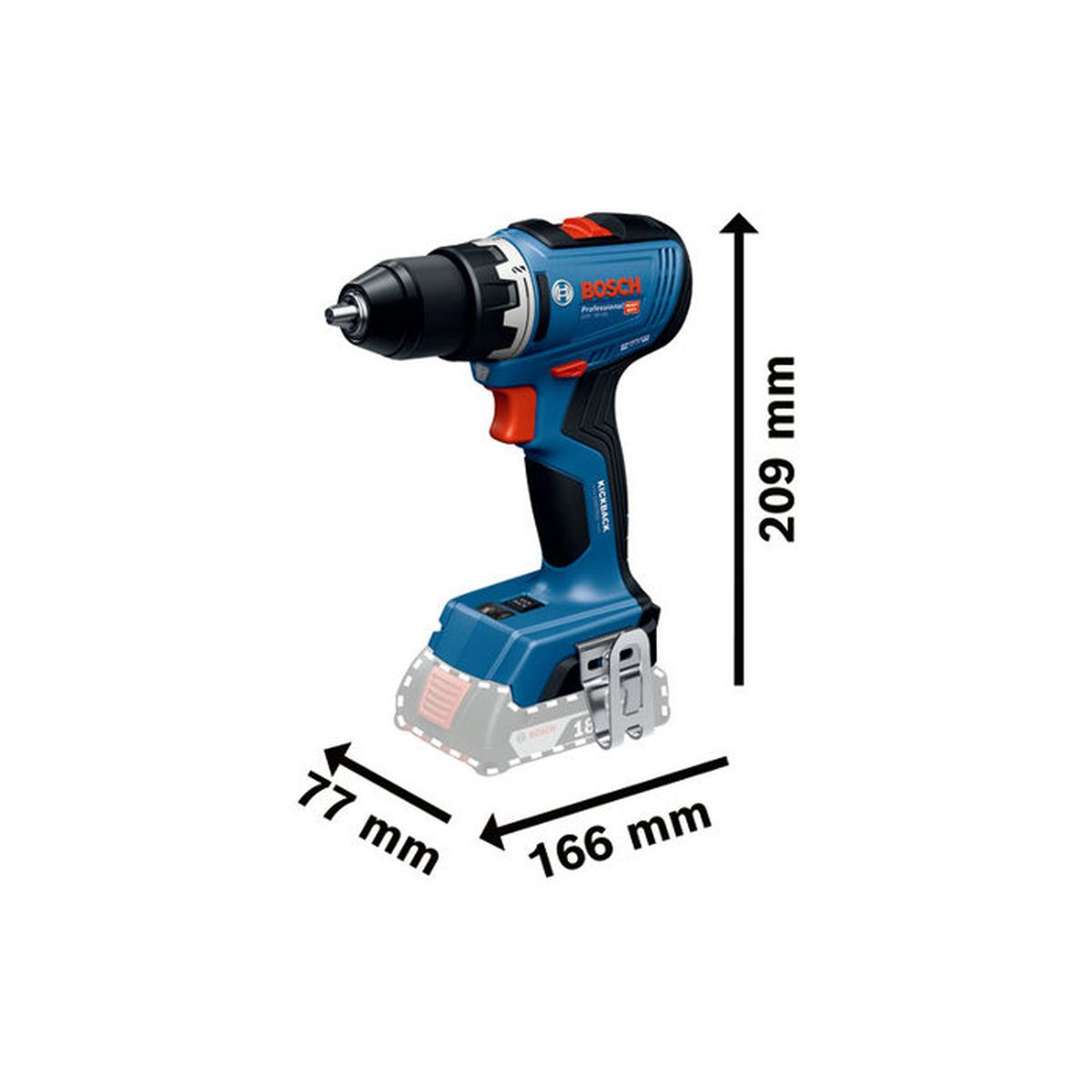Blaue Bosch Akkubohrmaschine mit Maßangaben von 209 mm, 166 mm und 77 mm auf weißem Hintergrund.