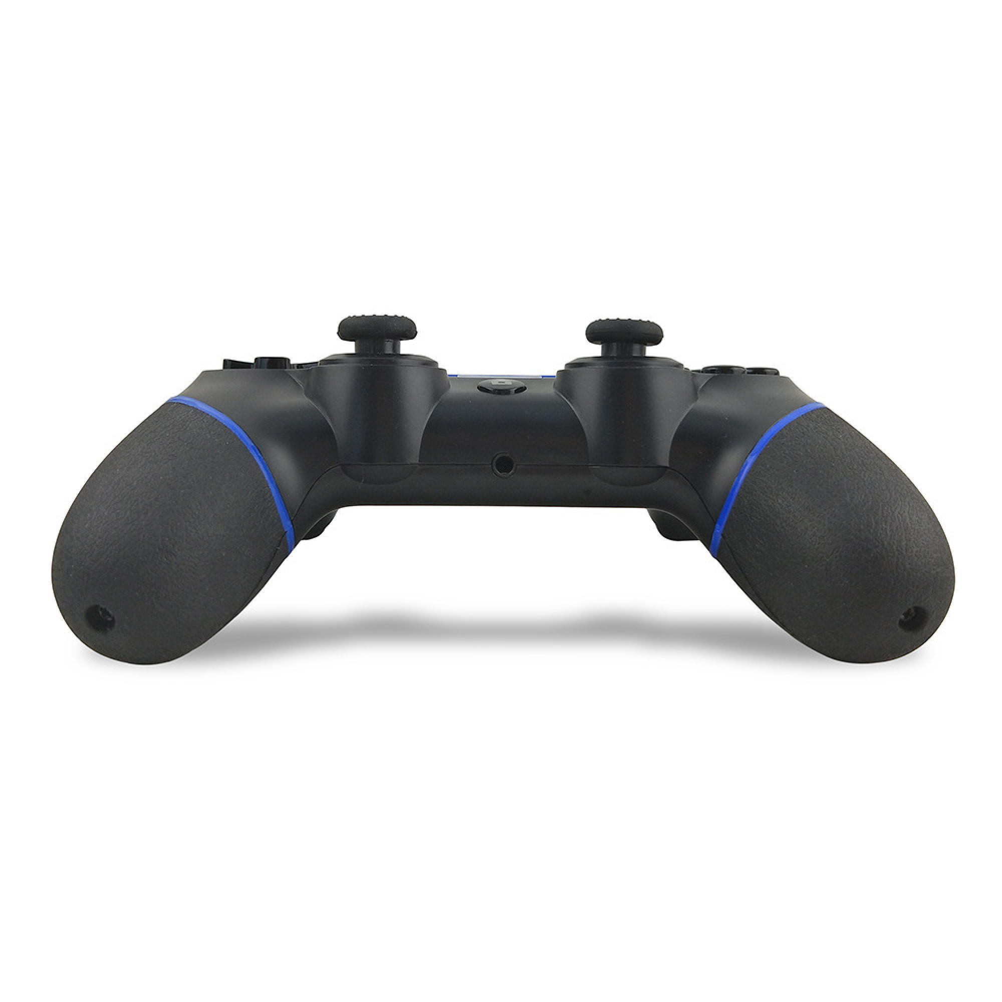 Ein schwarzer Gamecontroller mit blauen Akzenten auf weißem Hintergrund.