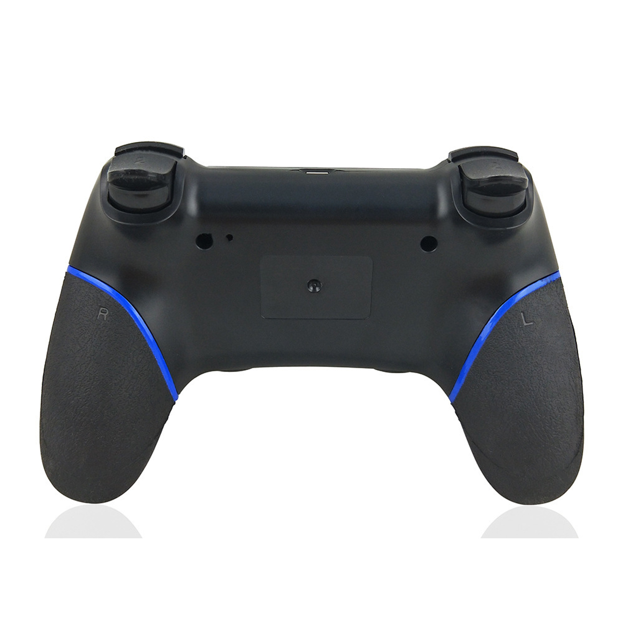Rückansicht eines schwarzen Gamepads mit blauen Akzenten und texturierten Griffen.