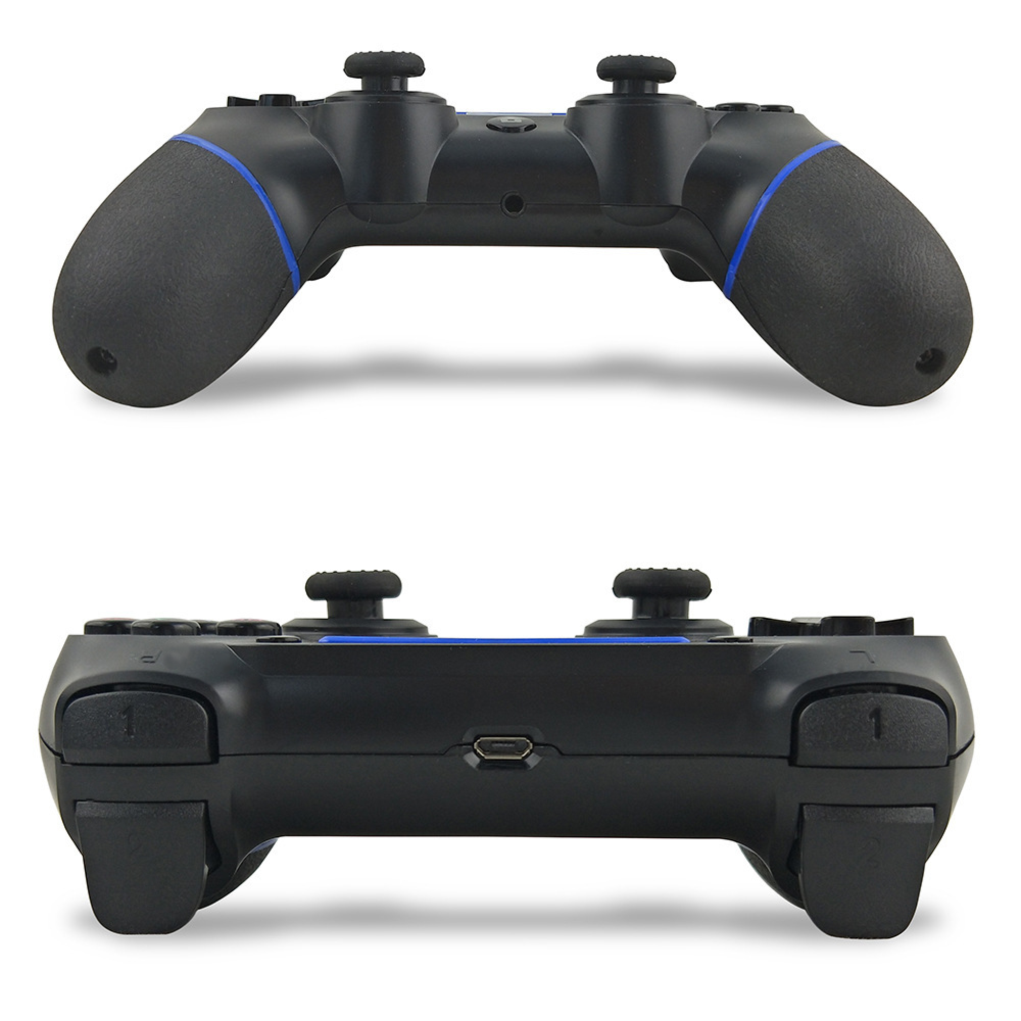 Schwarzer Gamecontroller mit blauen Akzenten, analogen Sticks und L1/R1 Tasten auf weißem Hintergrund.
