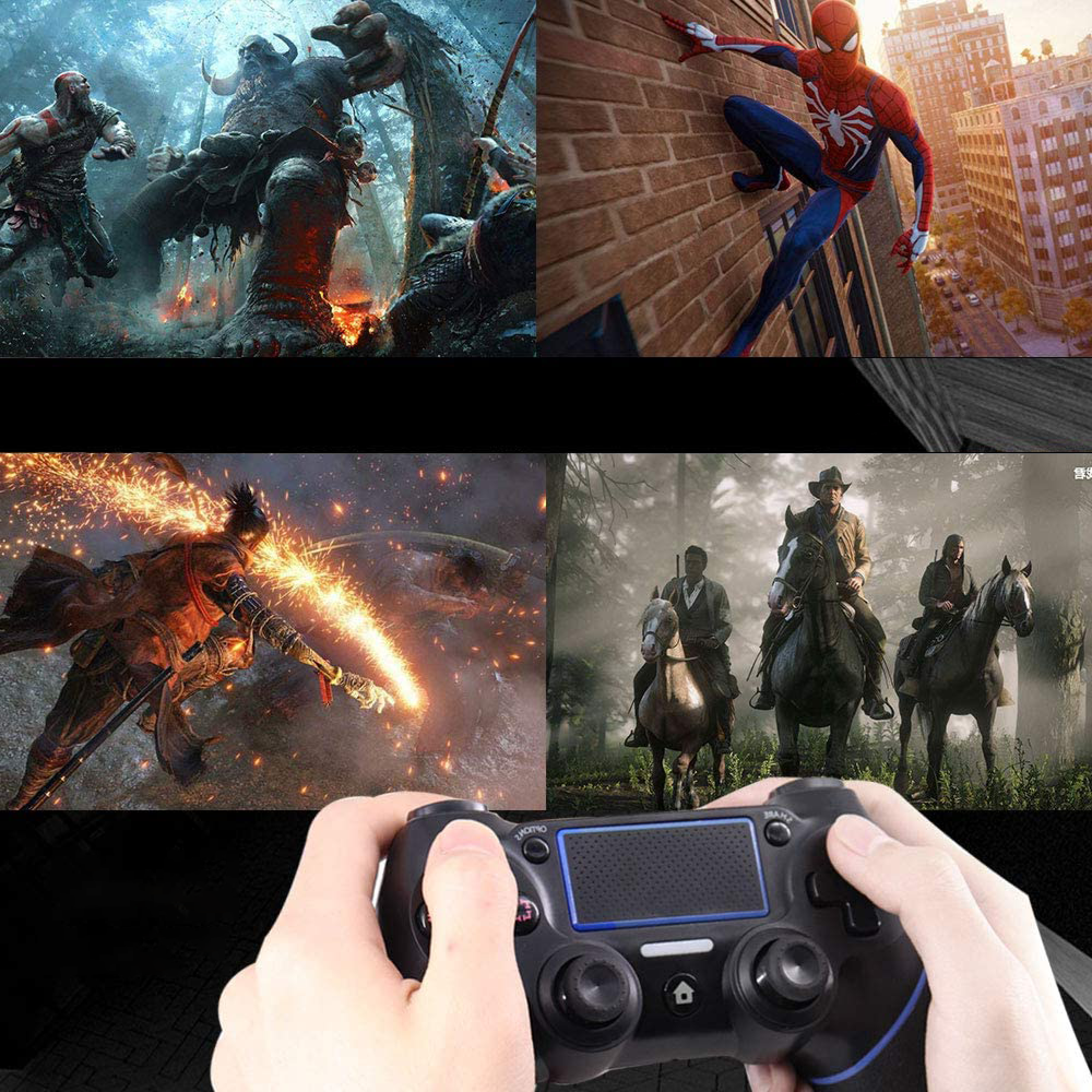 Hände halten einen schwarzen PlayStation-Controller vor vier verschiedenen Videospiel-Szenen.