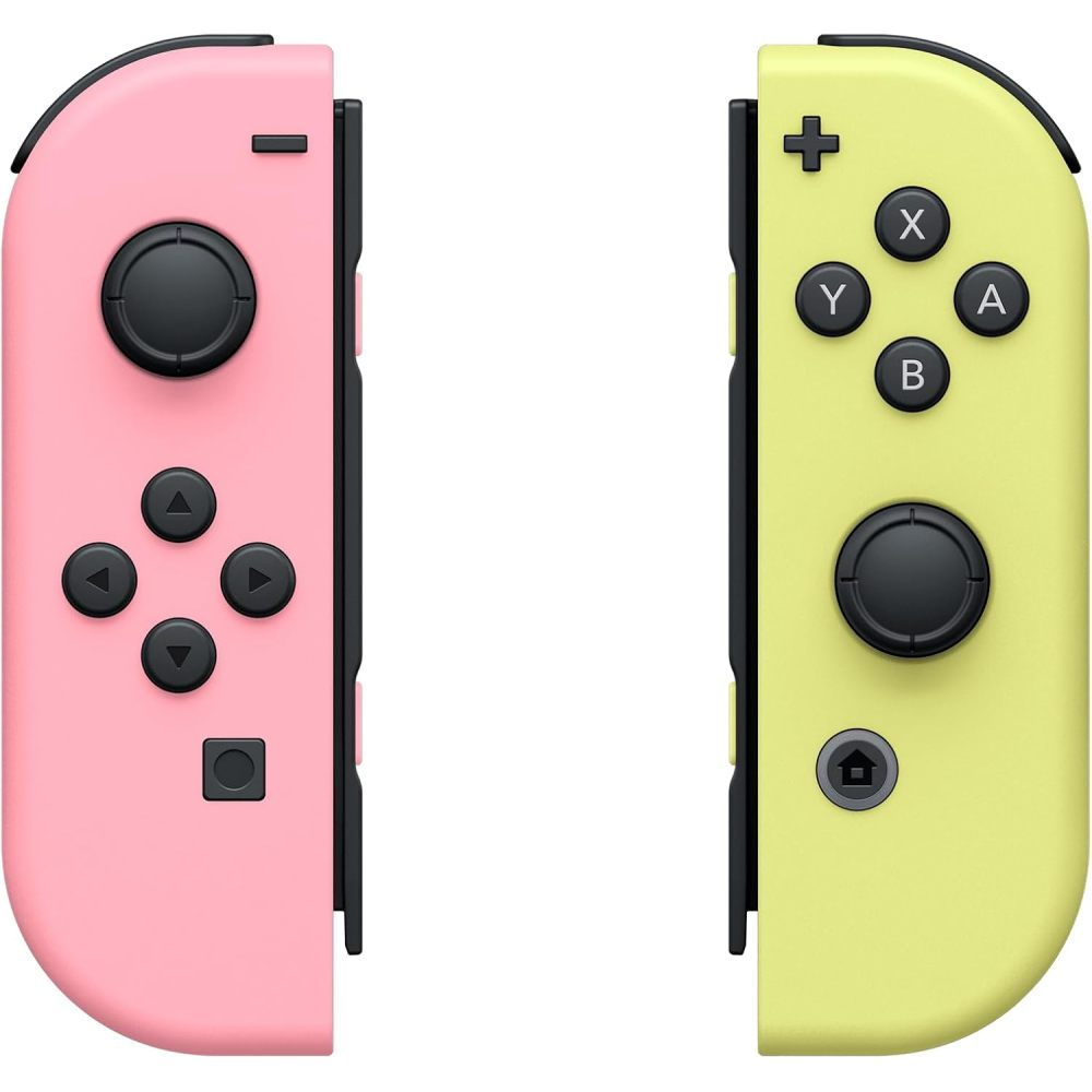 Rosa und gelbe Nintendo Switch Joy-Con Controller mit schwarzen Tasten, Joysticks und Steuerkreuzen.