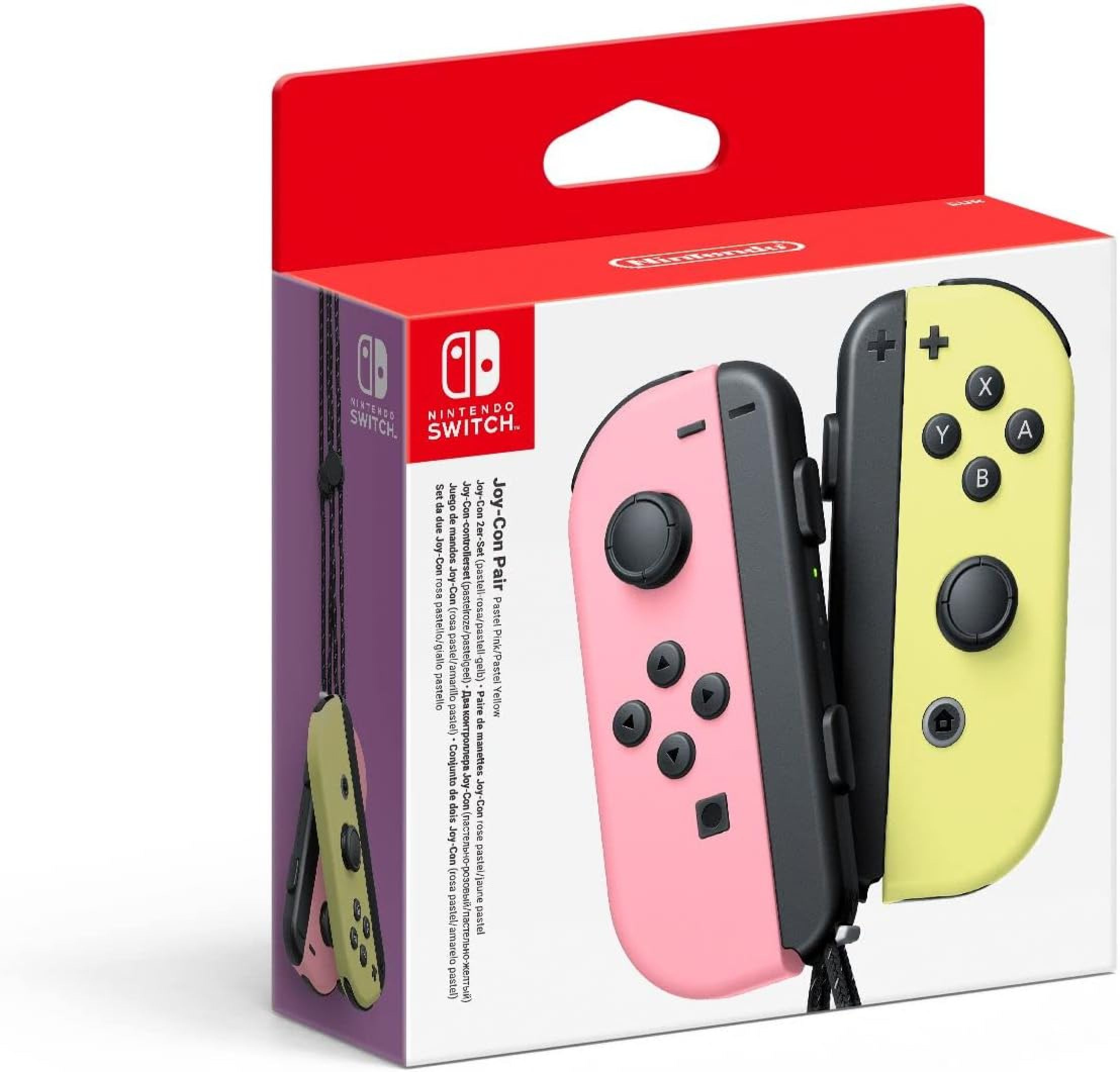 Nintendo Switch Joy-Con Paar in Pastellrosa und Pastellgelb in ihrer rot-weißen Verpackung.
