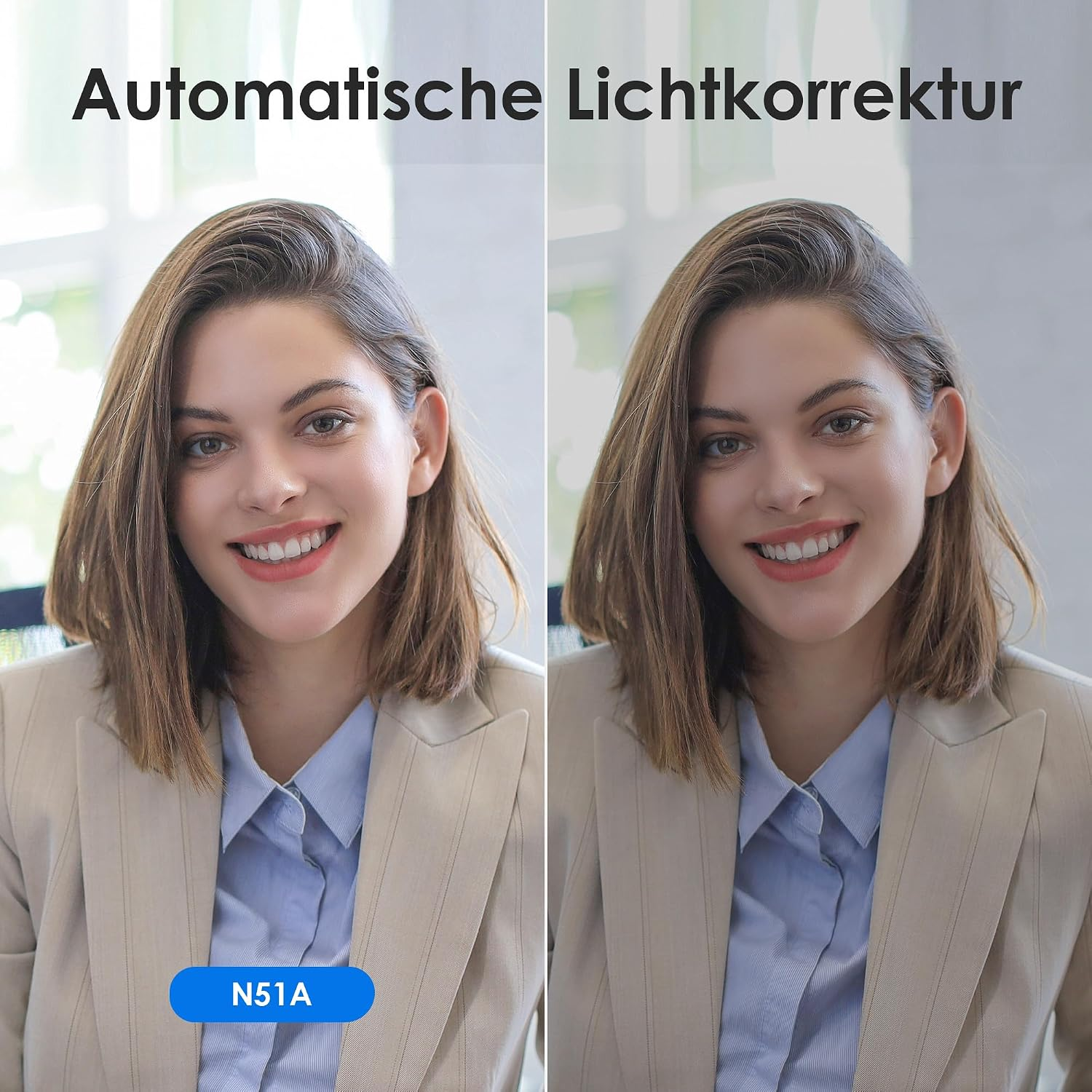 Vergleich zweier Bilder einer Frau für automatische Lichtkorrektur.