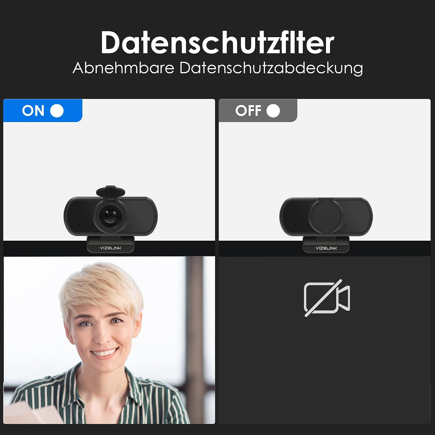 Vergleich der Webcam mit geöffnetem und geschlossenem Datenschutzfilter und einer smiling Frau unten.