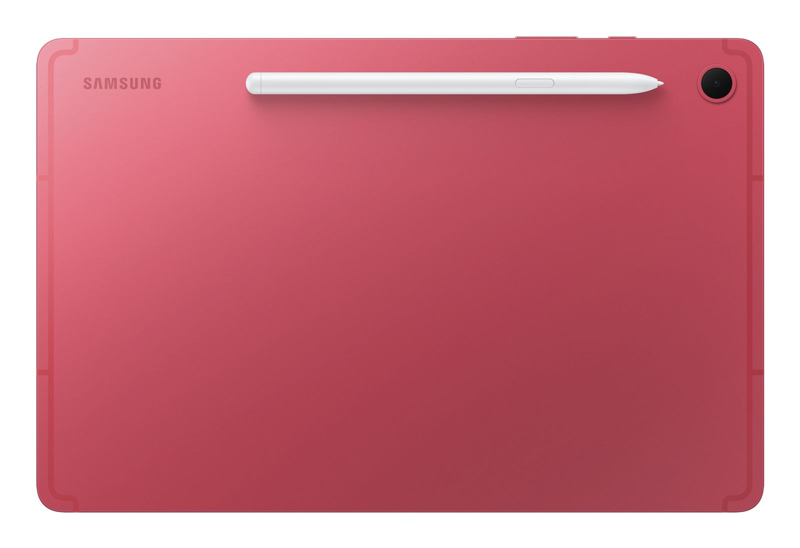 Retro di un tablet Samsung rosso con pennino bianco attaccato e una singola fotocamera.
