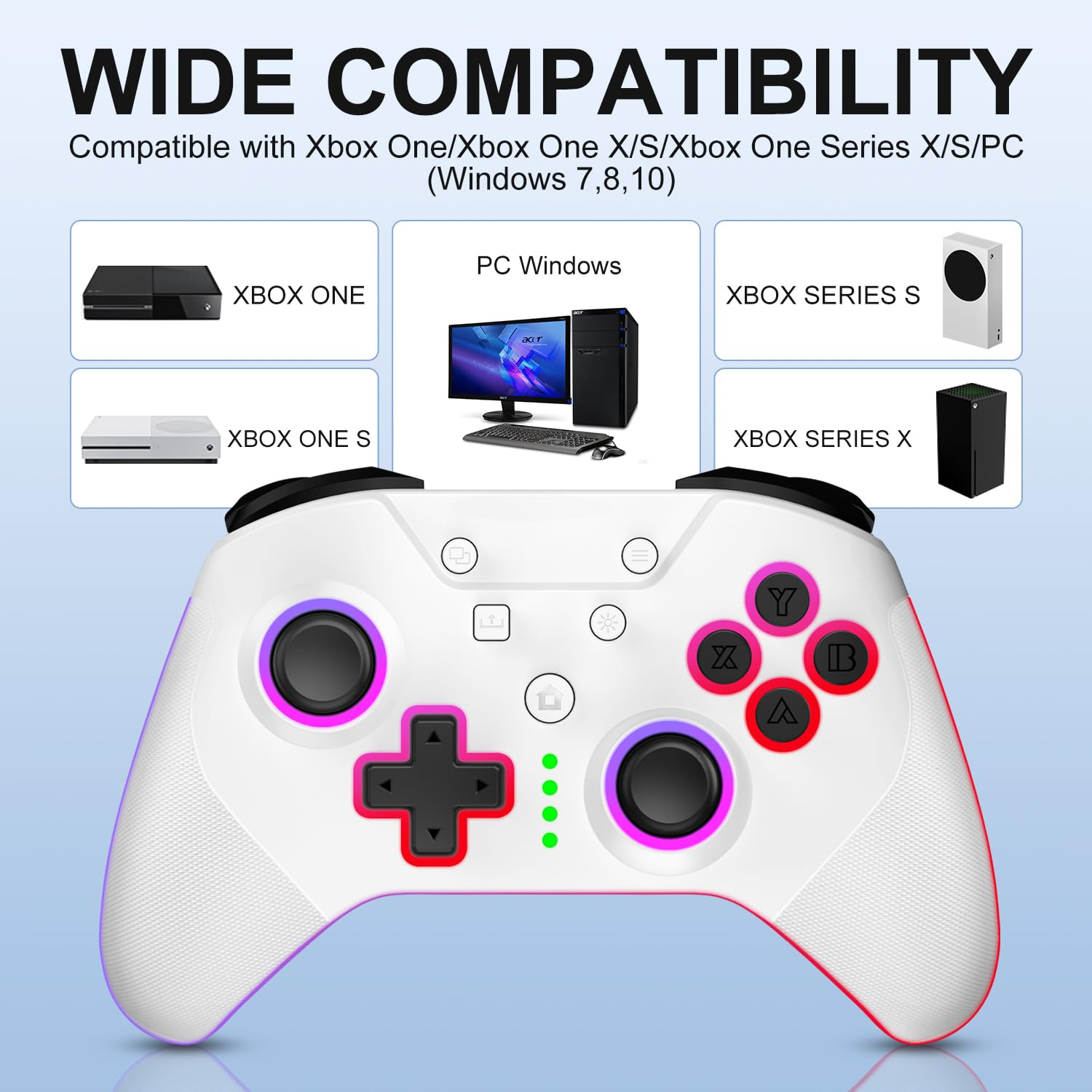 Weißer Xbox-Controller mit bunten LEDs und Symbolen für die Kompatibilität mit Xbox und PC.