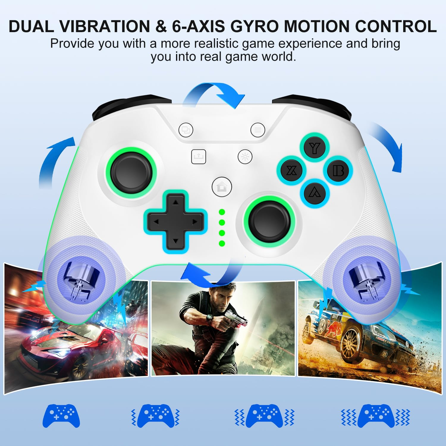Weißer Gamecontroller mit Dual-Vibration und Gyro-Bewegungssteuerung, grünen Akzenten und Spielszenen unten.