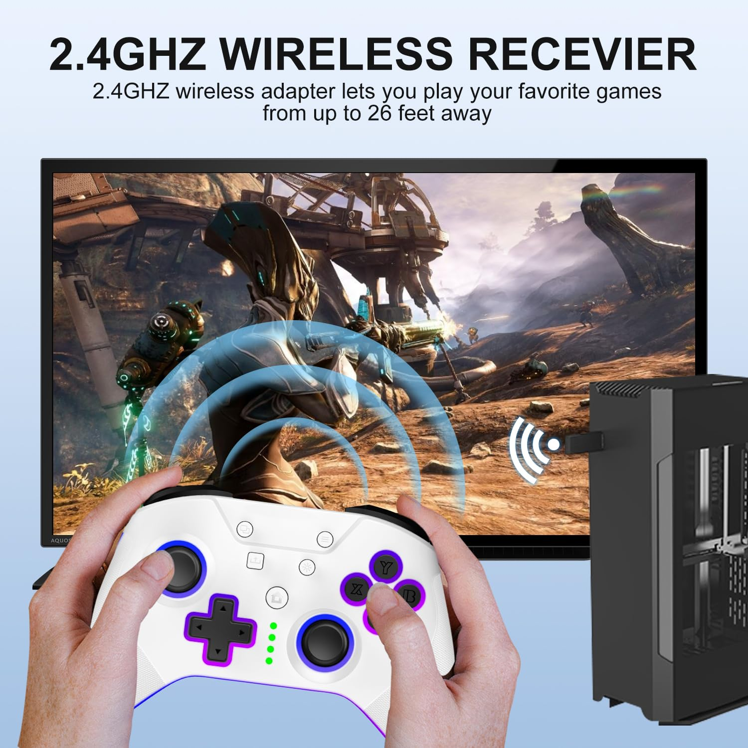 Ein weißer Controller mit blauen Akzenten verbindet sich kabellos mit einem Computer.