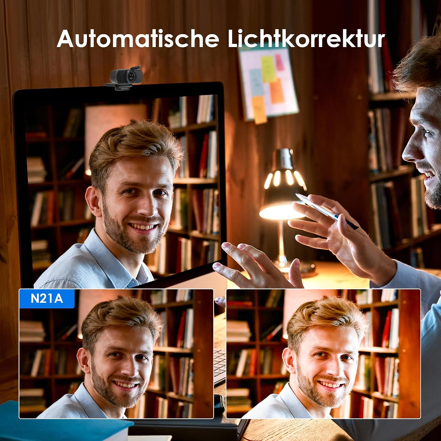 Ein Mann in einem Arbeitszimmer nutzt eine Webcam zur Lichtkorrektur mit Anpassungen.