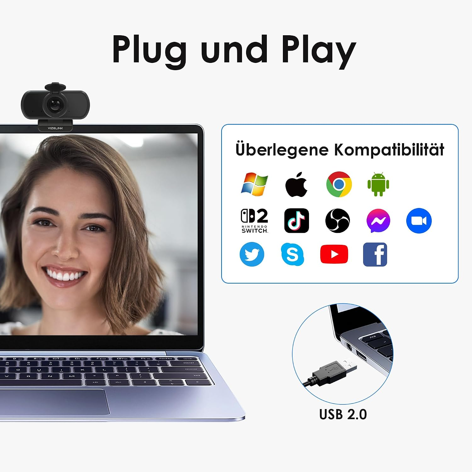 Webcam auf Laptop zeigt lächelnde Frau, Kompatibilitätslogos und USB 2.0.