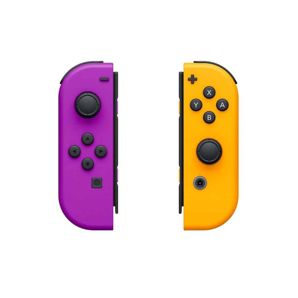 Ein lila linker Joy-Con und ein gelber rechter Joy-Con Controller vor weißem Hintergrund.