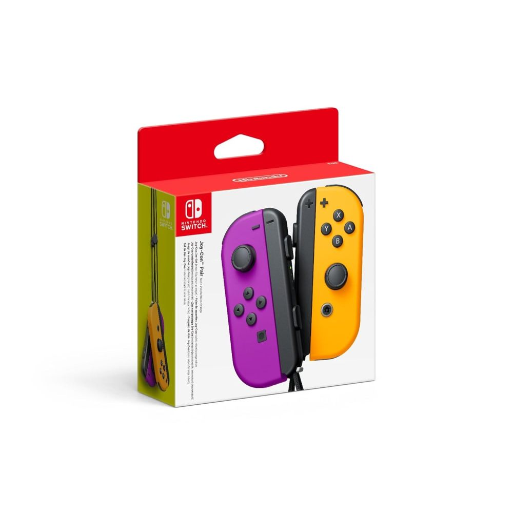 Nintendo Switch Joy-Con-Paar in Neon-Lila und Neon-Orange in der Verkaufskartonage.