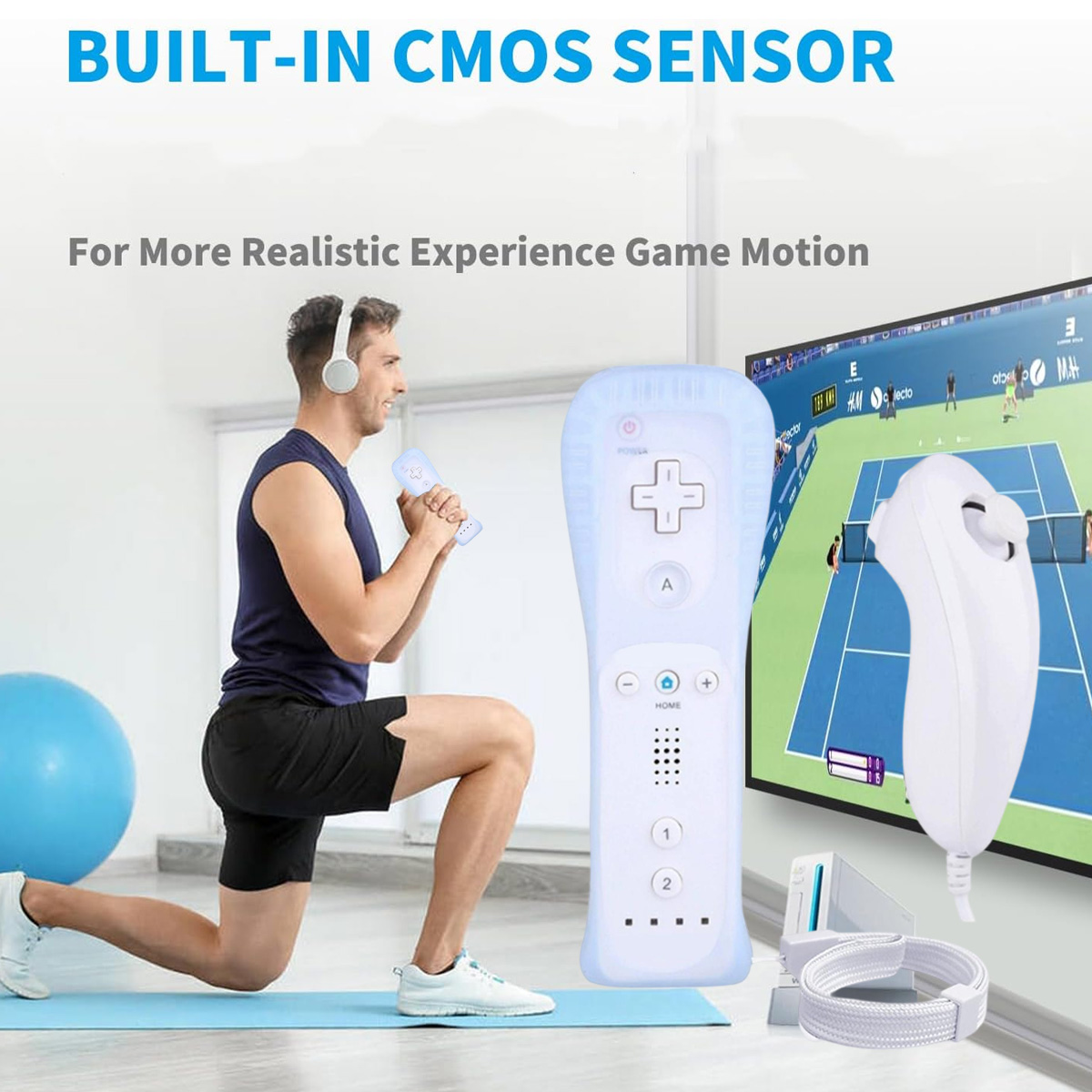 Ein Mann mit Kopfhörern macht Lunges auf einer Matte, mit Wii-Fernbedienungen im Vordergrund und einem Tennisspiel auf dem Bildschirm.