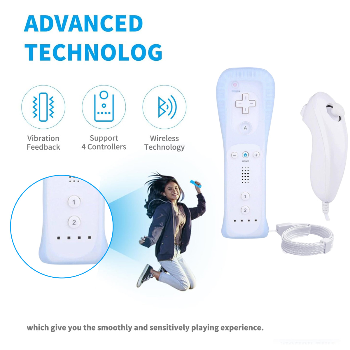 Werbung für Videospielcontroller mit Vibration, 4 Controllern und Funktechnik, inklusive einer springenden Person.