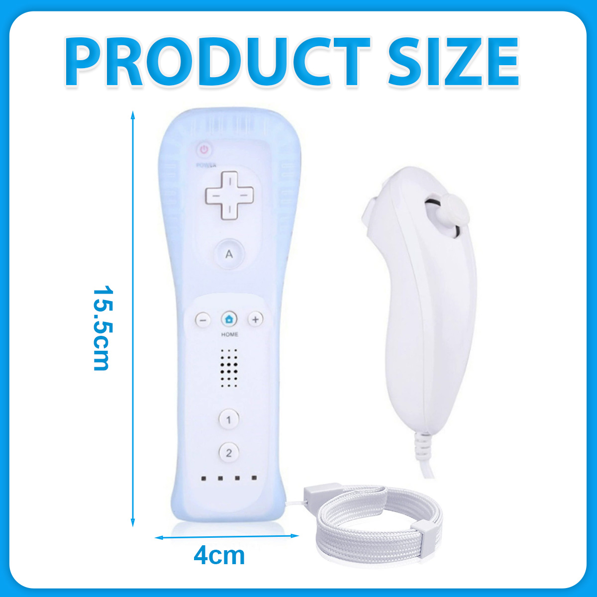 Produktgröße: Eine weiße Wii-Fernbedienung ist 15,5 cm lang und 4 cm breit.