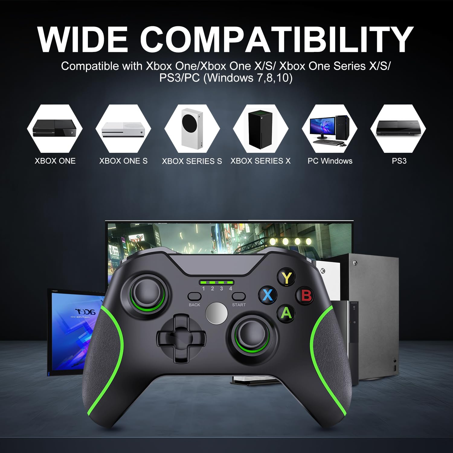 Ein schwarzer Gamecontroller mit grünen Akzenten vor Konsolen und dem Text "Wide Compatibility".