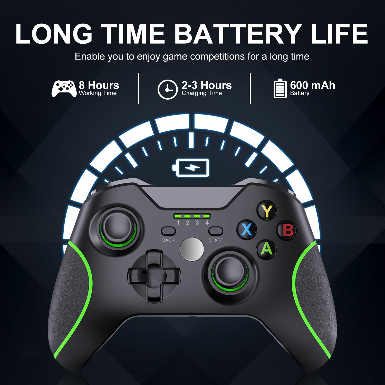 Ein schwarzer Controller mit grünen Akzenten, 8 Stunden Laufzeit, 2-3 Stunden Ladezeit und einem 600 mAh Akku.