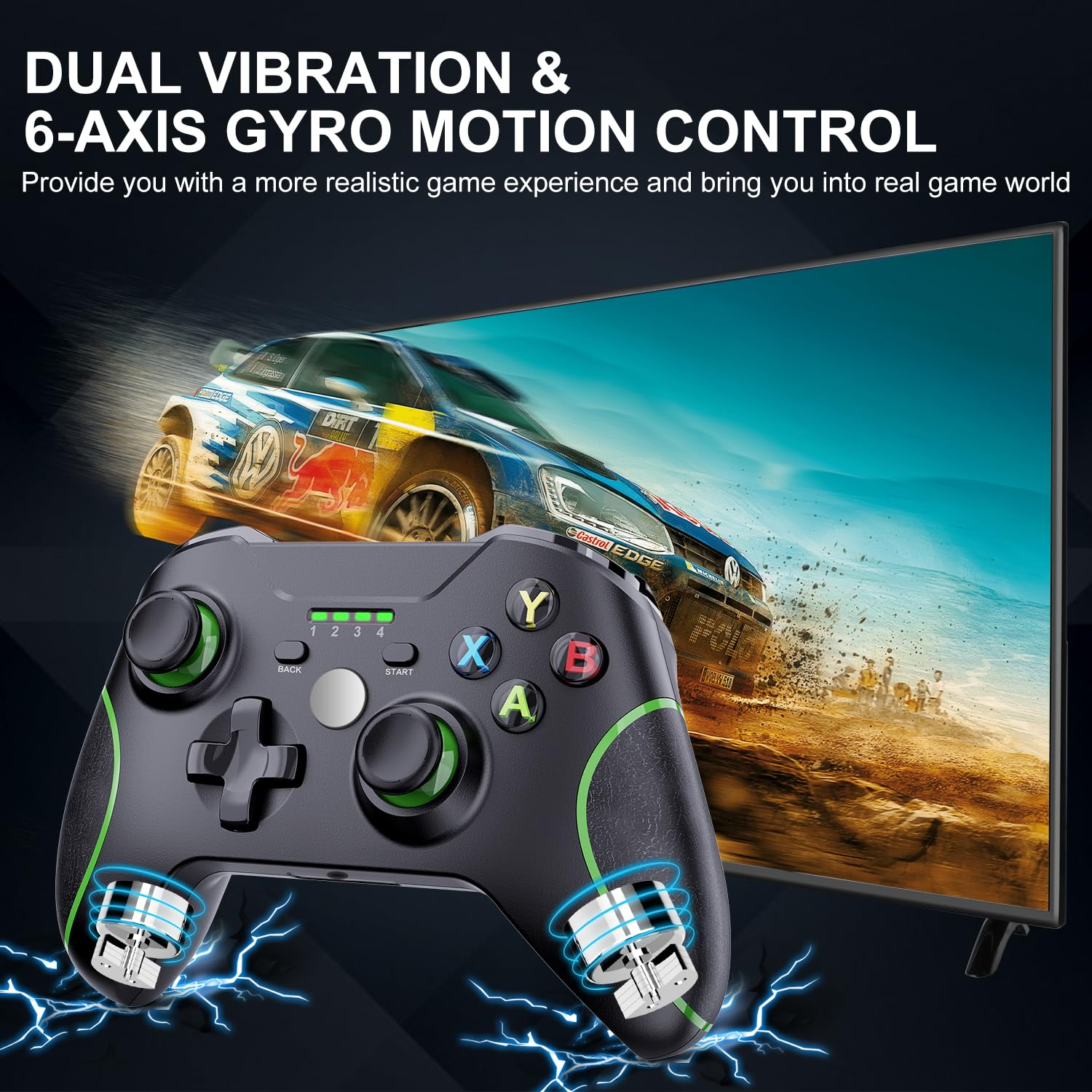 Schwarzer Controller vor einem Bildschirm mit einem Rennspiel, Text oben beschreibt Dual-Vibration und Gyro-Steuerung.