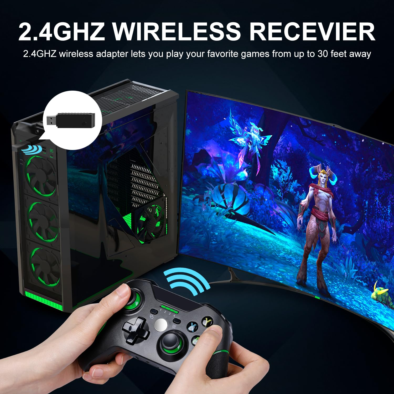 Ein Schwarzer 2.4GHz-Wireless-Empfänger ermöglicht kabelloses Gaming auf PC und Monitor.