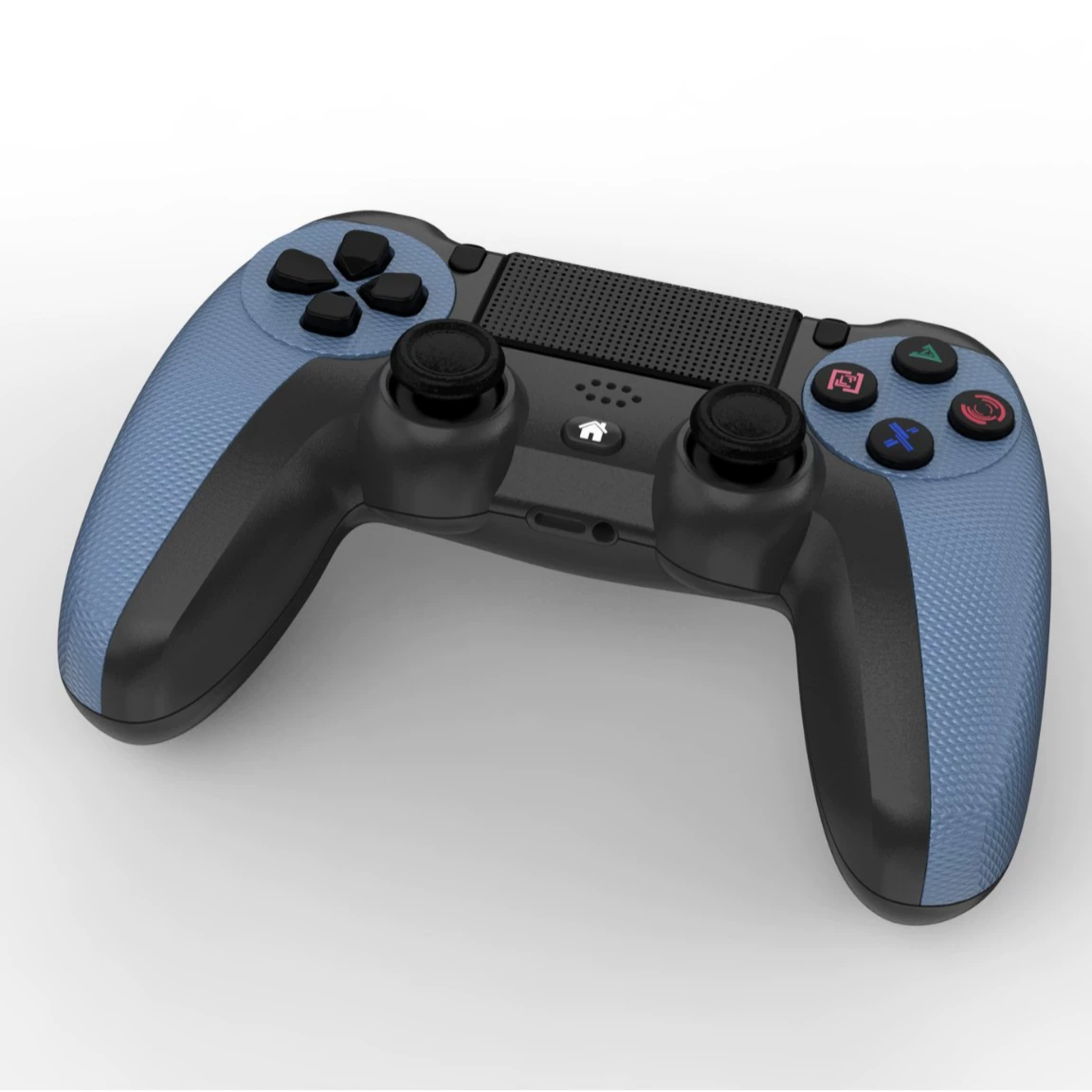 Ein blauer und schwarzer Gamepad-Controller mit Joysticks, D-Pad und Aktionstasten vor einem hellen Hintergrund.