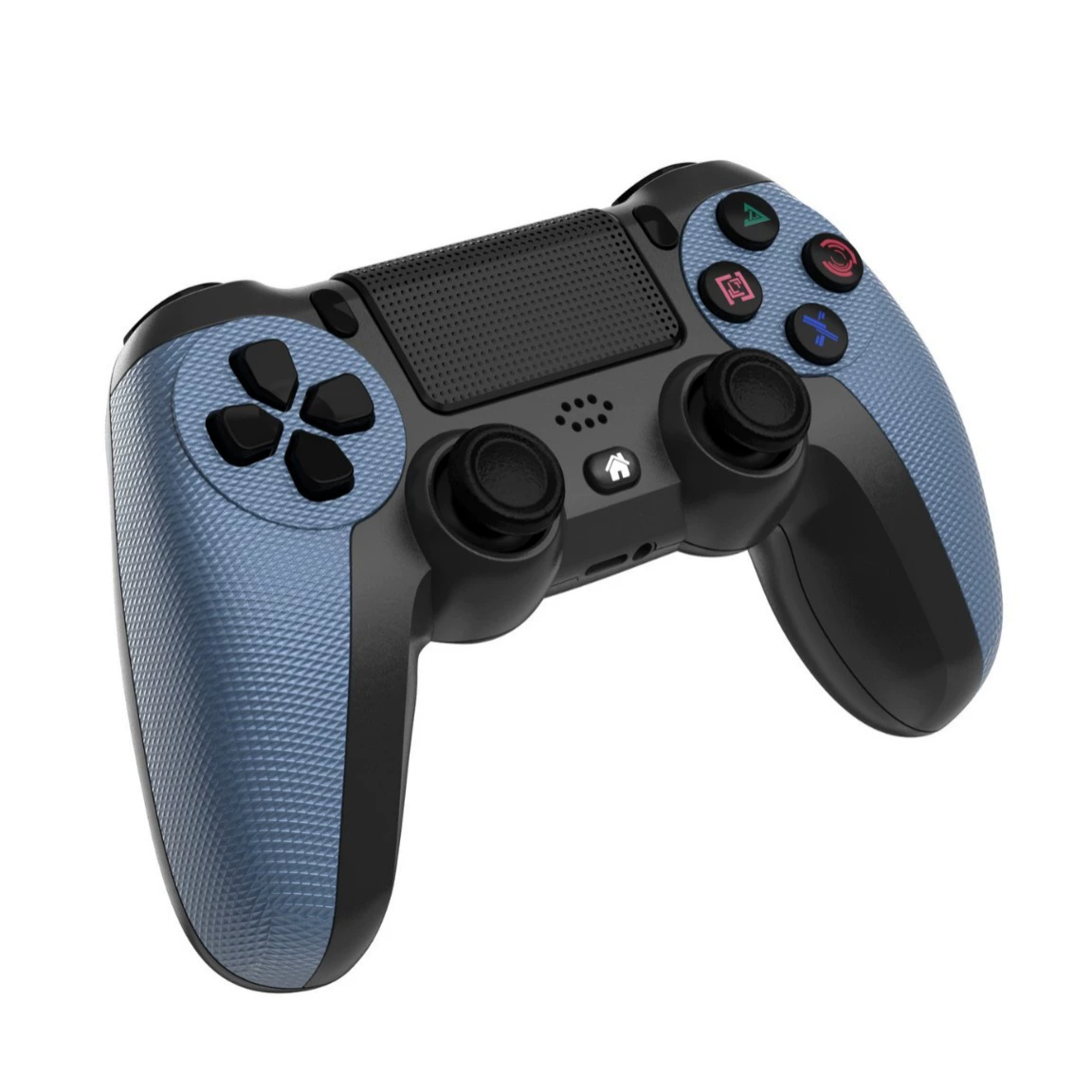 Ein schwarz-blauer Gamecontroller mit strukturierten blauen Griffen und schwarzen Tasten.