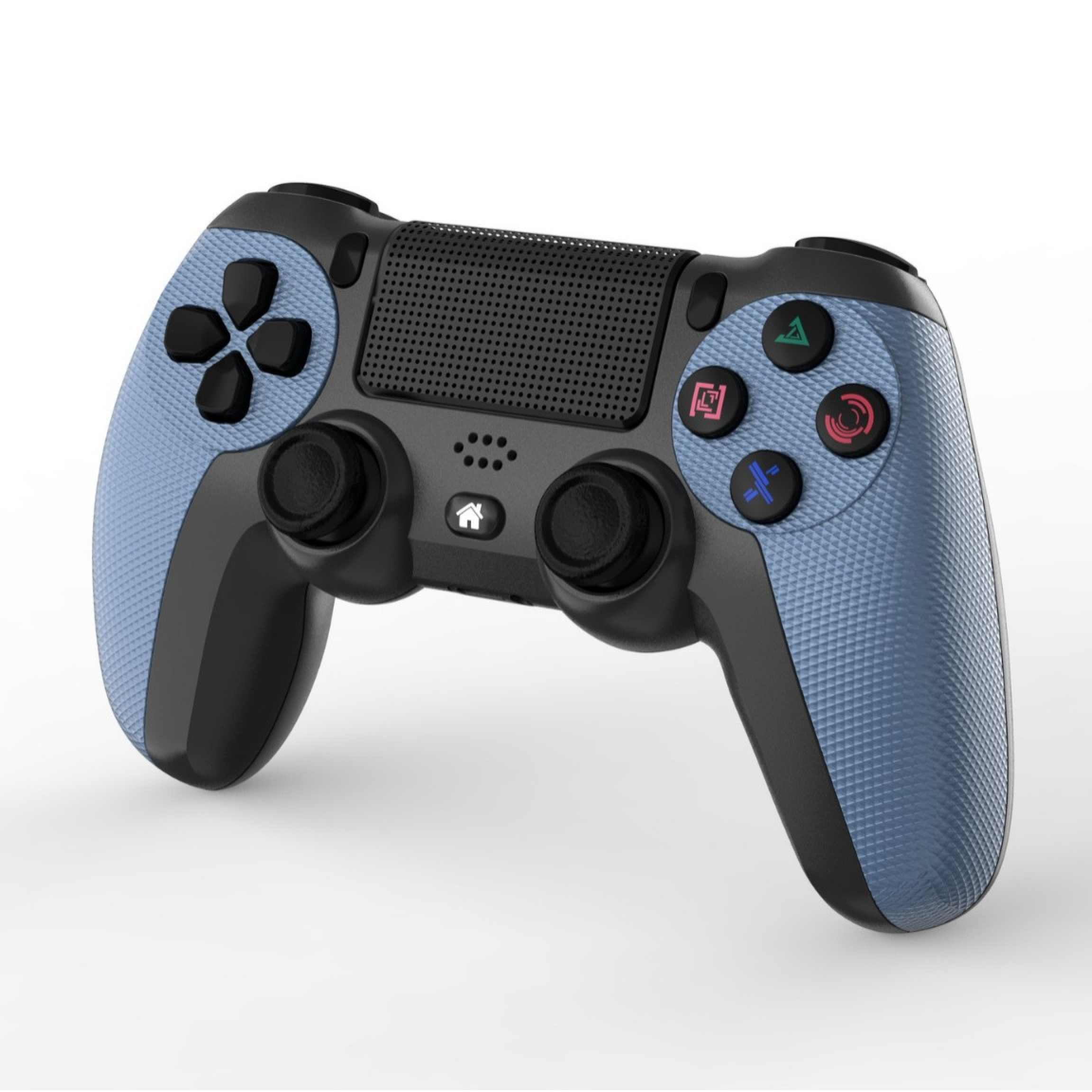 Ein schwarzer Gamepad mit blauen, strukturierten Seitengriffen vor weißem Hintergrund.